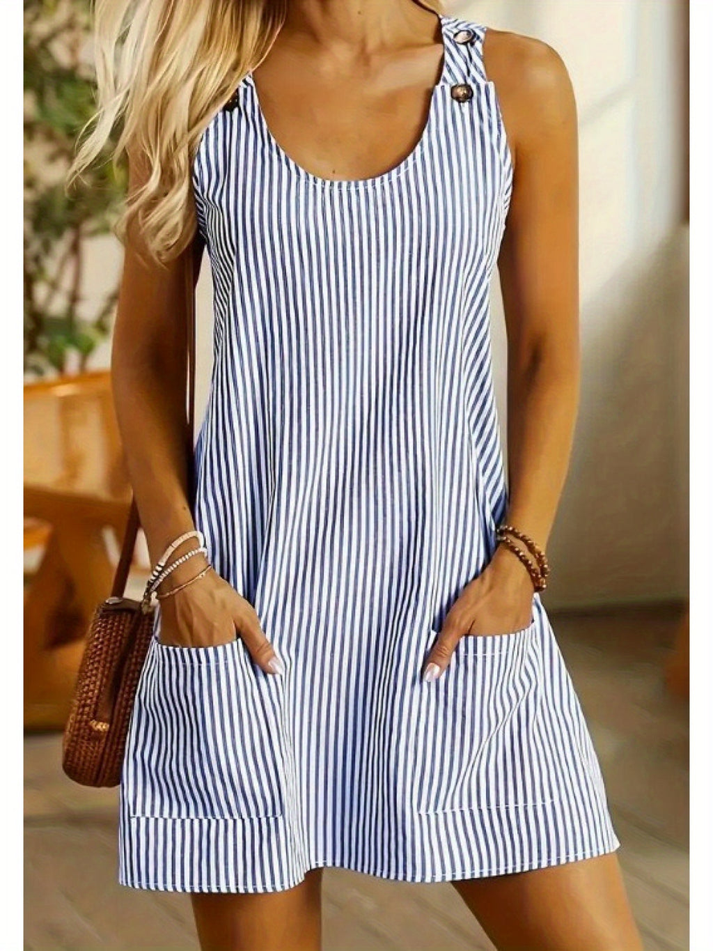 Women's European-American Style Casual dress - Button-Front Sleeveless Midi skirt, Beige & Brown Vertical Stripes, Non-Stretchy fabric for Everyday & Formal Events - Machine Washable Women's Outfit, Summer Fashion, Round Neck Design