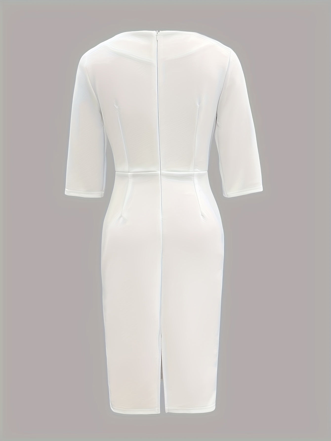 Elegant White Faux Pearl-Embellished Round Neck Dress - Slim Fit, Half Sleeve, Mid-Length Bodycon Midi Dress for Women, Perfect for All Seasons, Formal Attire|Slim Fit Dress|Polyester Fabric