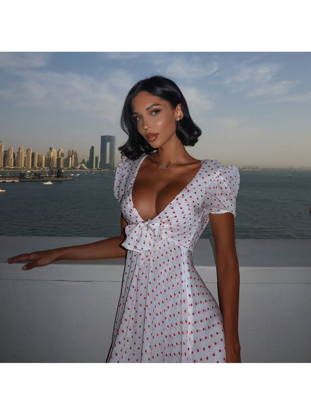 Fashion Women'S Sexy Deep V French Puff Sleeve Pure Desire High Waist A-Line Polka Dot Print Dress Short Skirt for Women