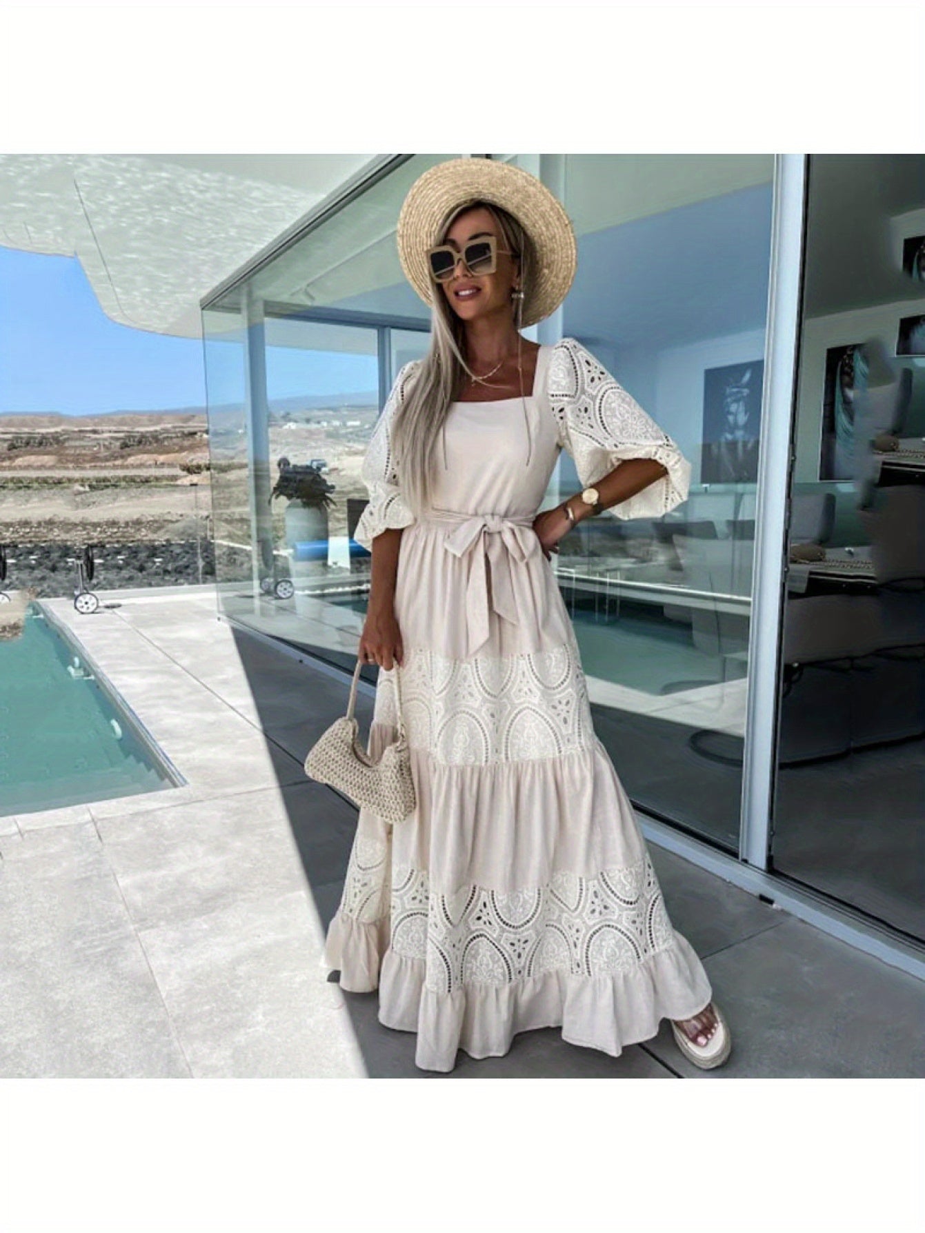 Women'S Off-Shoulder Lace Dress with Ruffled Hem - White Square Neck, Short Sleeve, Casual Loose Waist Tie Dress for Spring\u002FSummer, Perfect for Vacation or Beach Outings, Beach Dress