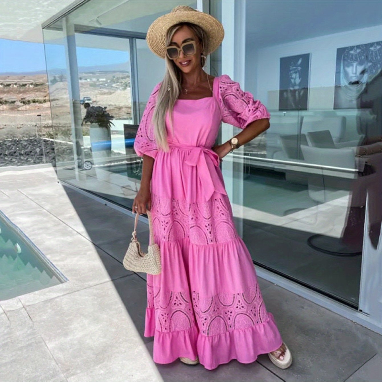 Women'S Off-Shoulder Lace Dress with Ruffled Hem - White Square Neck, Short Sleeve, Casual Loose Waist Tie Dress for Spring\u002FSummer, Perfect for Vacation or Beach Outings, Beach Dress