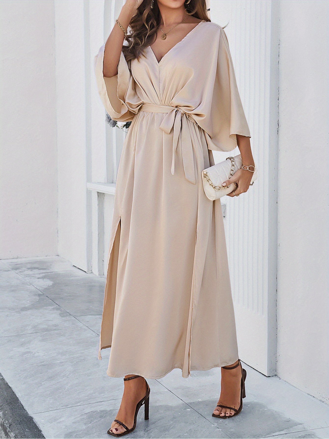 Summer European and American Women's clothing, 2025 spring and summer temperament elegant high-waisted dress, low neckline loose simple long dress