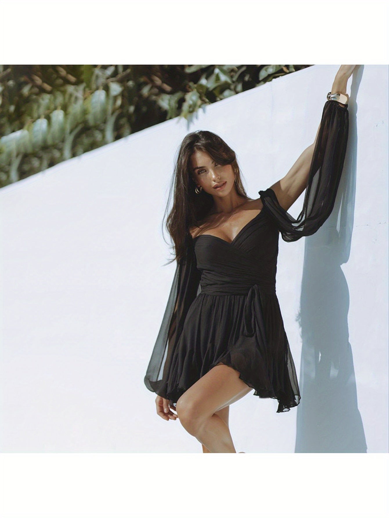 New Summer Solid Color Casual Mesh Long Sleeve Backless Fitted Short Dress