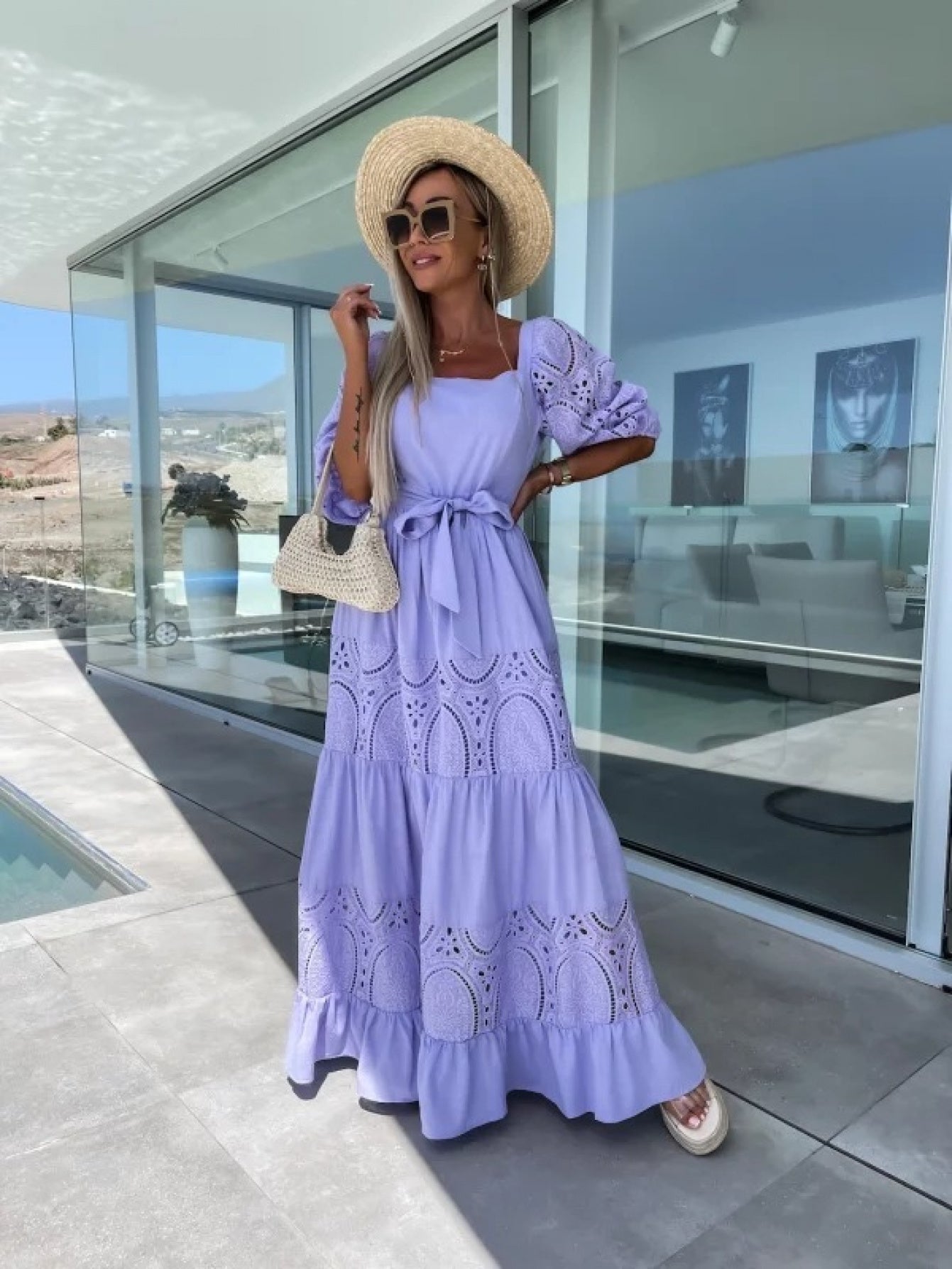 Women'S Off-Shoulder Lace Dress with Ruffled Hem - White Square Neck, Short Sleeve, Casual Loose Waist Tie Dress for Spring\u002FSummer, Perfect for Vacation or Beach Outings, Beach Dress