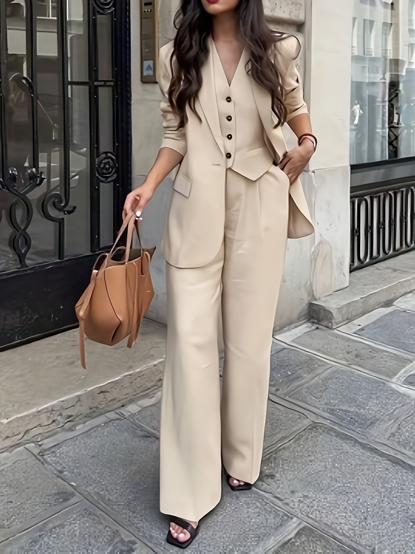 3pcs Elegant Women's Set, Front Button Long Sleeve Blazer and Casual Pants Outfit