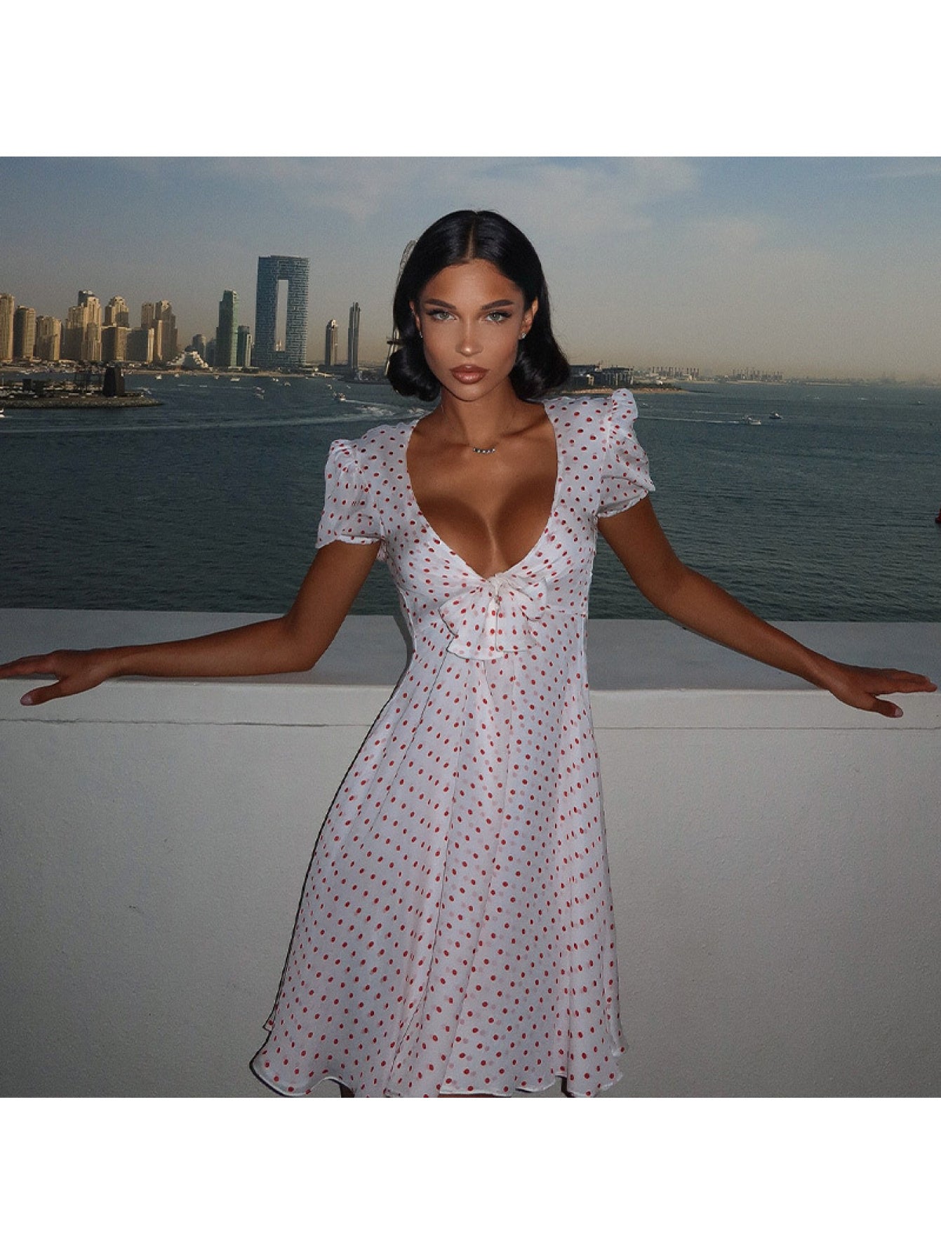 Fashion Women'S Sexy Deep V French Puff Sleeve Pure Desire High Waist A-Line Polka Dot Print Dress Short Skirt for Women