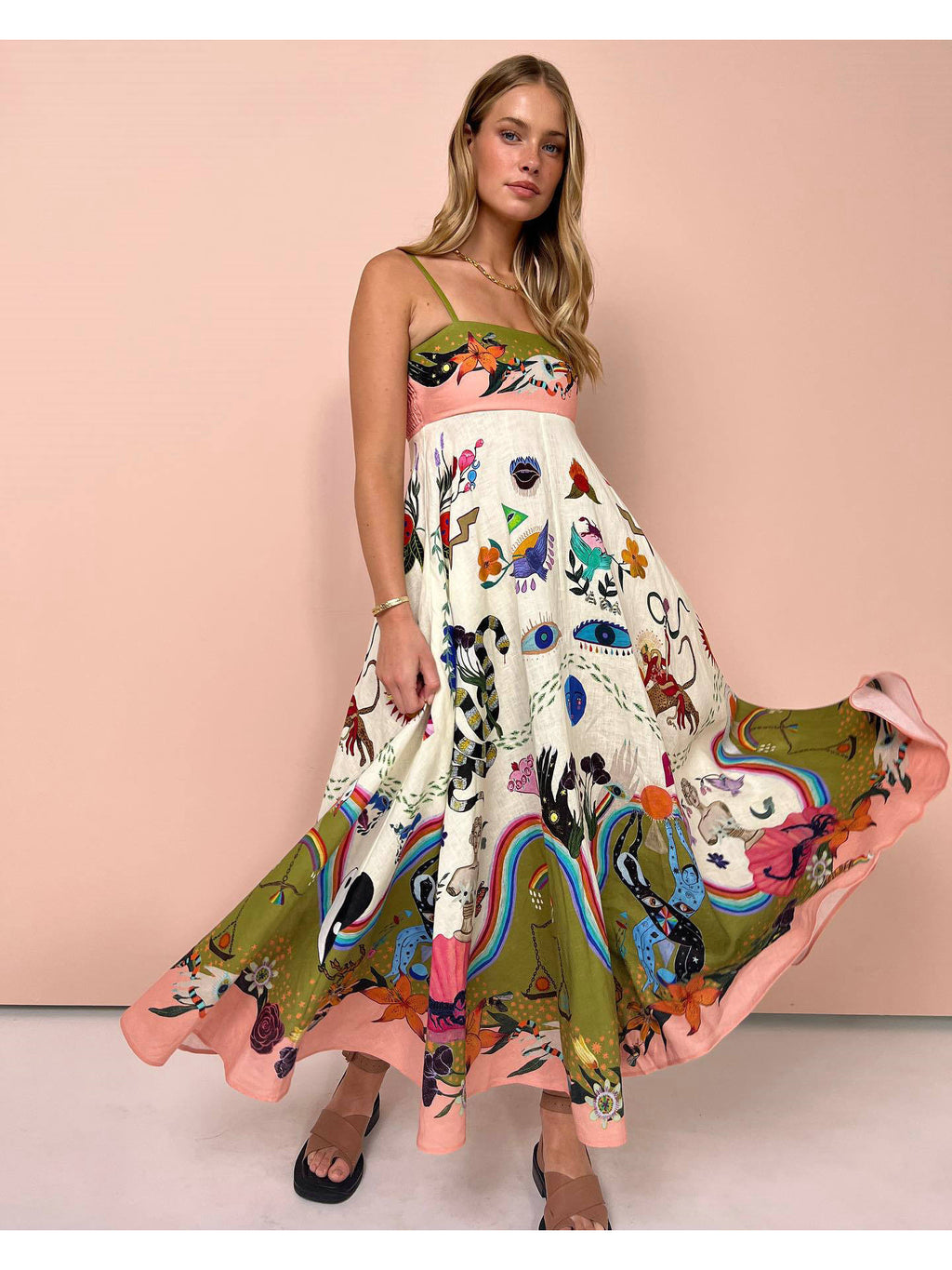 Women's Sleeveless Maxi dress - Tropical print Beach Vacation Dress, Flared Hem for Summer Parties, Casual Outfits - Non-Stretchy Formality, Beach to Dinner Party Attire