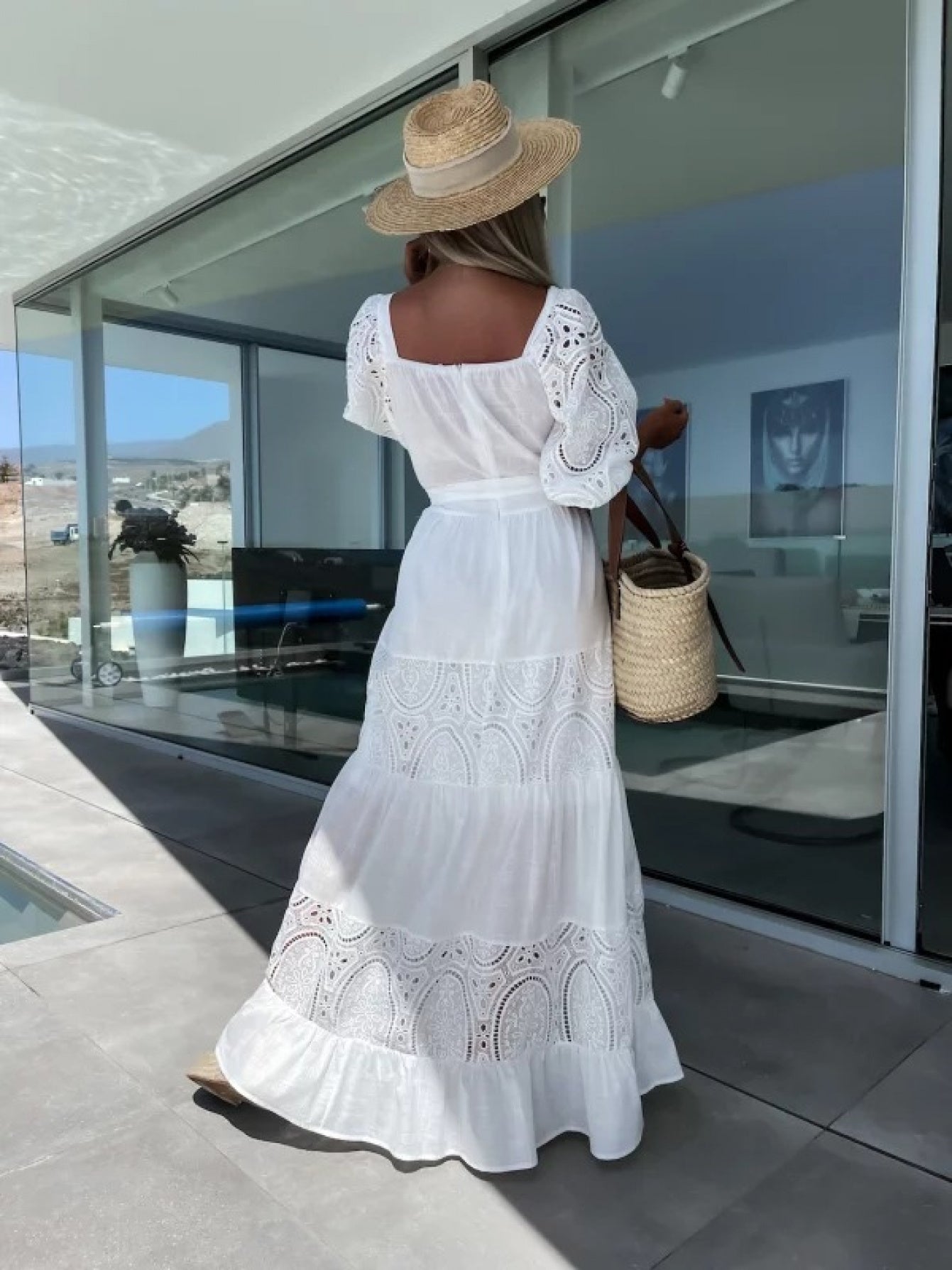 Women'S Off-Shoulder Lace Dress with Ruffled Hem - White Square Neck, Short Sleeve, Casual Loose Waist Tie Dress for Spring\u002FSummer, Perfect for Vacation or Beach Outings, Beach Dress