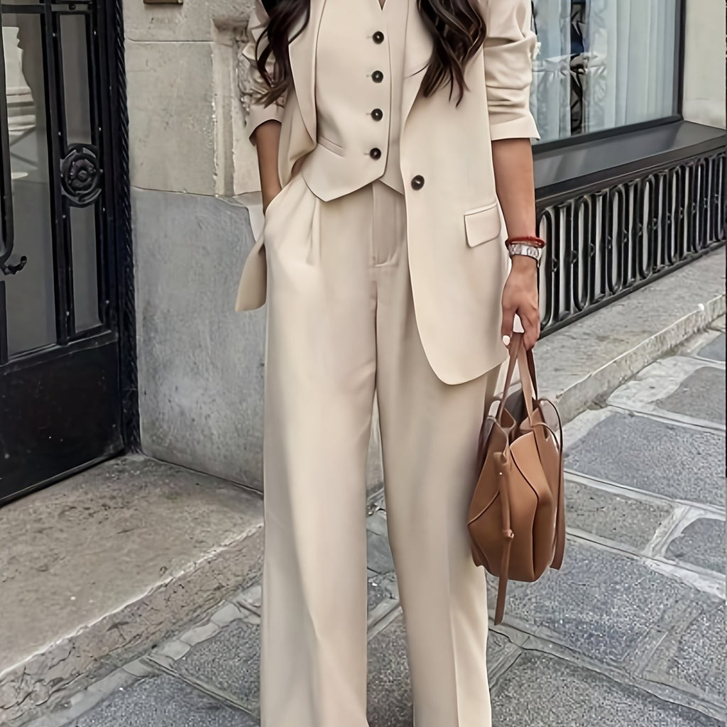 3pcs Elegant Women's Set, Front Button Long Sleeve Blazer and Casual Pants Outfit