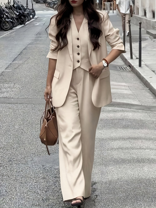 3pcs Elegant Women's Set, Front Button Long Sleeve Blazer and Casual Pants Outfit