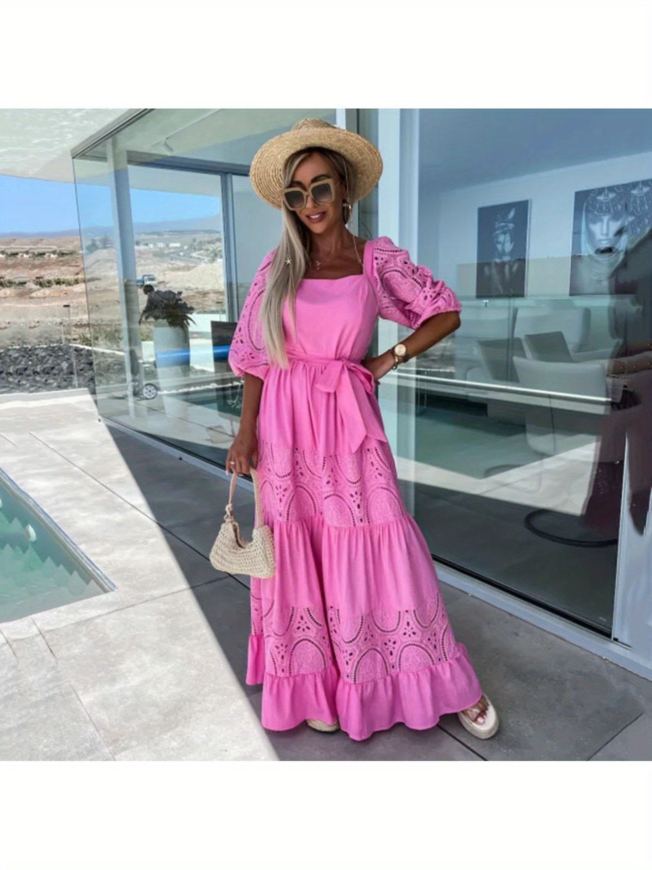 Women'S Off-Shoulder Lace Dress with Ruffled Hem - White Square Neck, Short Sleeve, Casual Loose Waist Tie Dress for Spring\u002FSummer, Perfect for Vacation or Beach Outings, Beach Dress