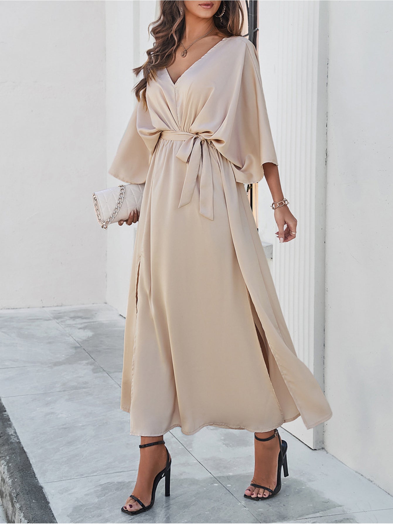 Summer European and American Women's clothing, 2025 spring and summer temperament elegant high-waisted dress, low neckline loose simple long dress