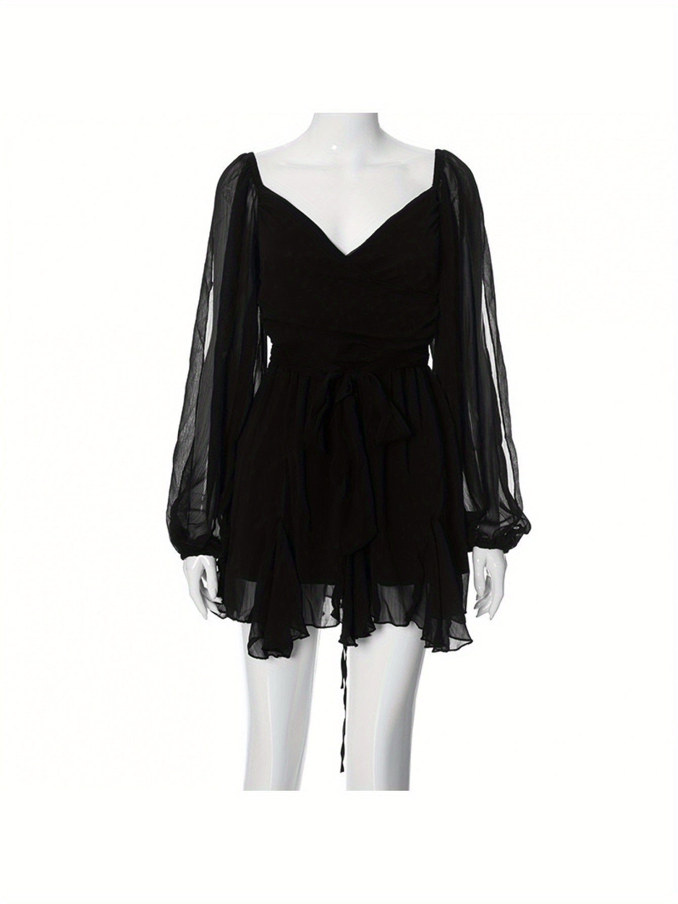 New Summer Solid Color Casual Mesh Long Sleeve Backless Fitted Short Dress