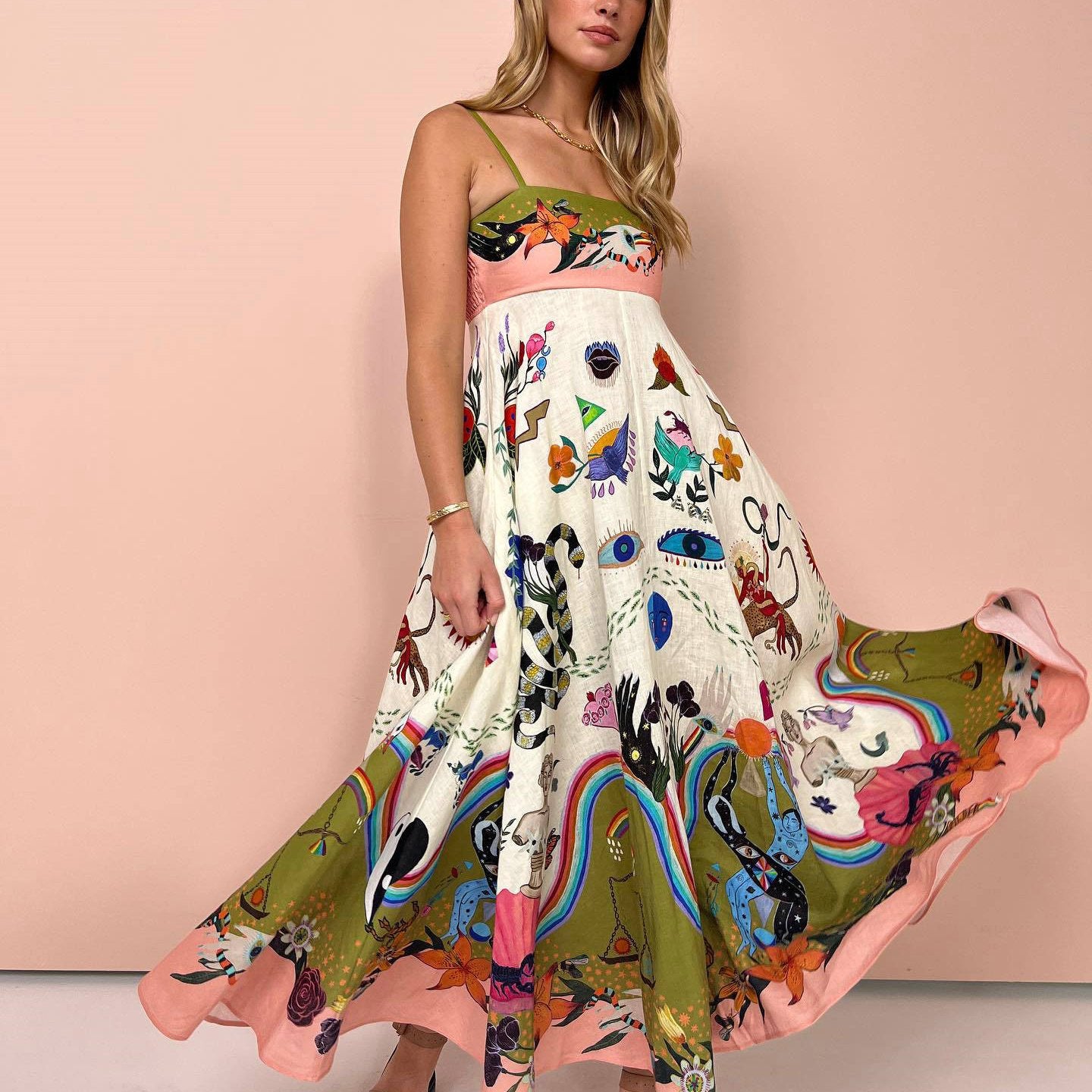 Women's Sleeveless Maxi dress - Tropical print Beach Vacation Dress, Flared Hem for Summer Parties, Casual Outfits - Non-Stretchy Formality, Beach to Dinner Party Attire