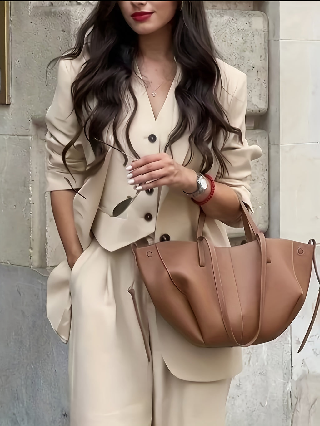 3pcs Elegant Women's Set, Front Button Long Sleeve Blazer and Casual Pants Outfit