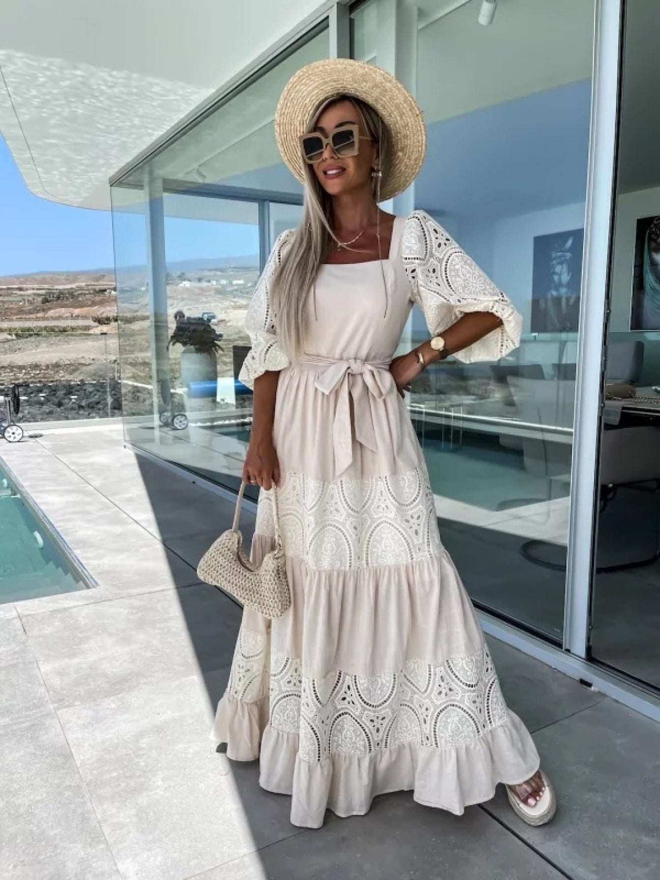 Women'S Off-Shoulder Lace Dress with Ruffled Hem - White Square Neck, Short Sleeve, Casual Loose Waist Tie Dress for Spring\u002FSummer, Perfect for Vacation or Beach Outings, Beach Dress