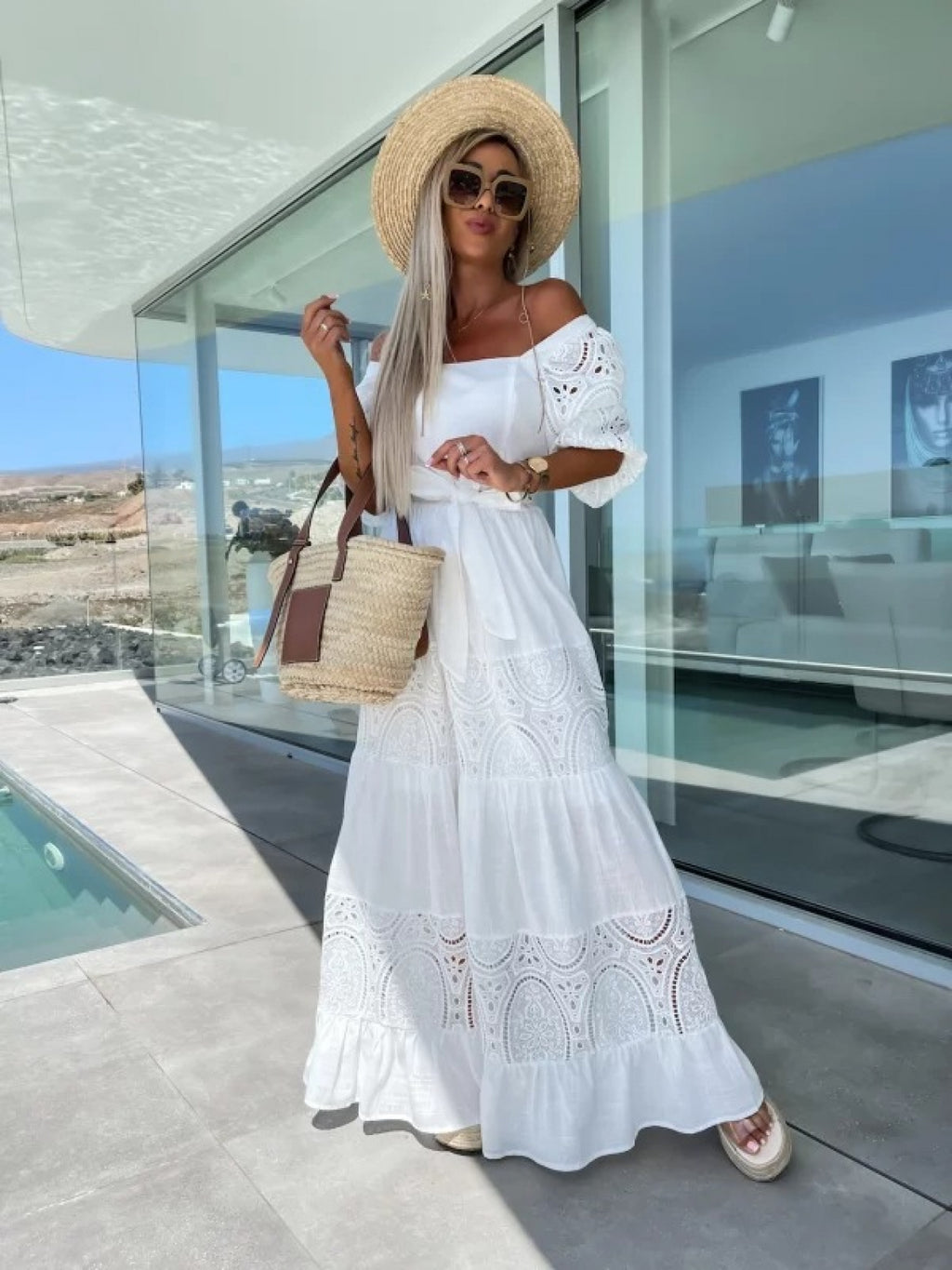 Women'S Off-Shoulder Lace Dress with Ruffled Hem - White Square Neck, Short Sleeve, Casual Loose Waist Tie Dress for Spring\u002FSummer, Perfect for Vacation or Beach Outings, Beach Dress