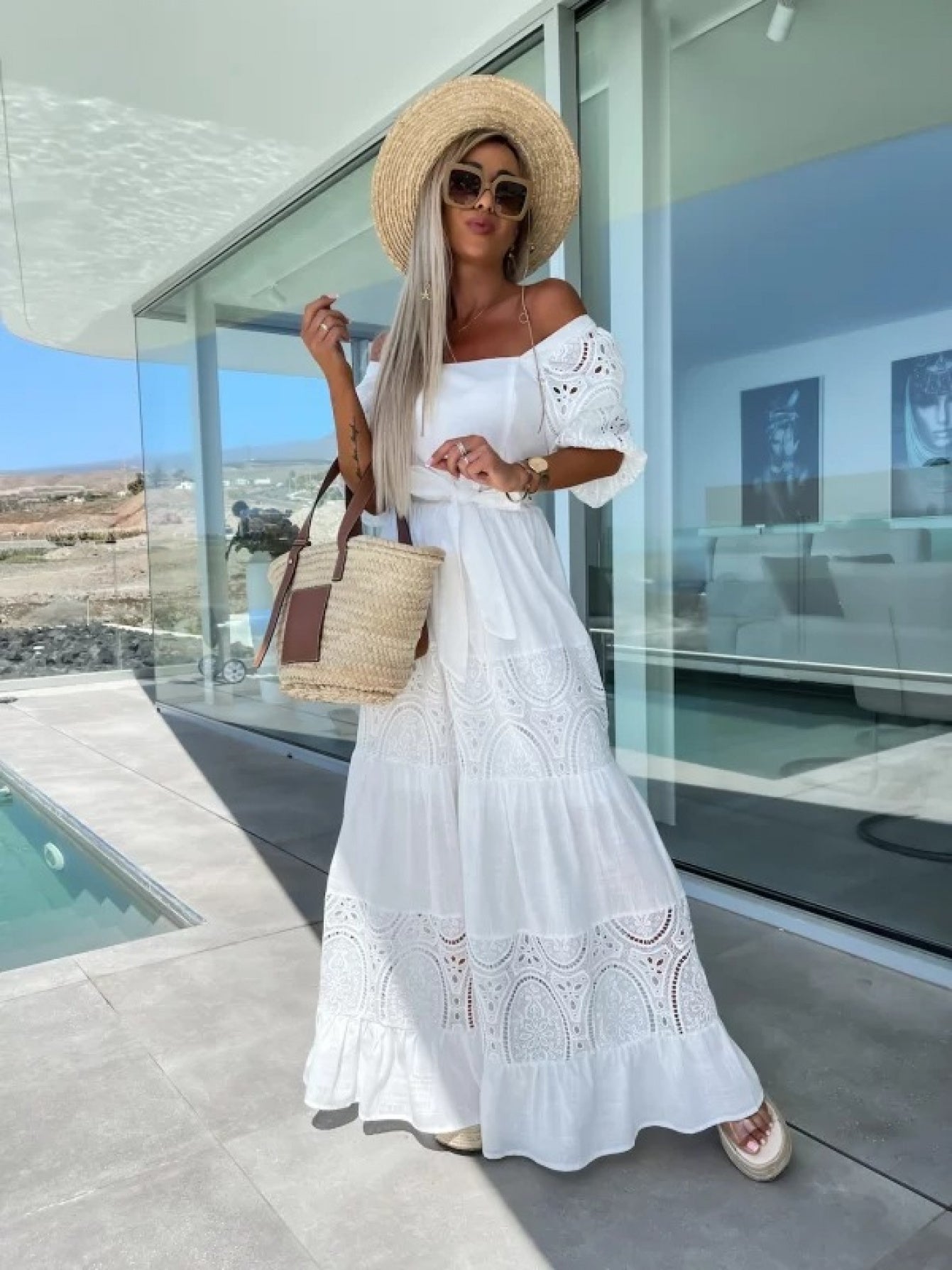 Women'S Off-Shoulder Lace Dress with Ruffled Hem - White Square Neck, Short Sleeve, Casual Loose Waist Tie Dress for Spring\u002FSummer, Perfect for Vacation or Beach Outings, Beach Dress