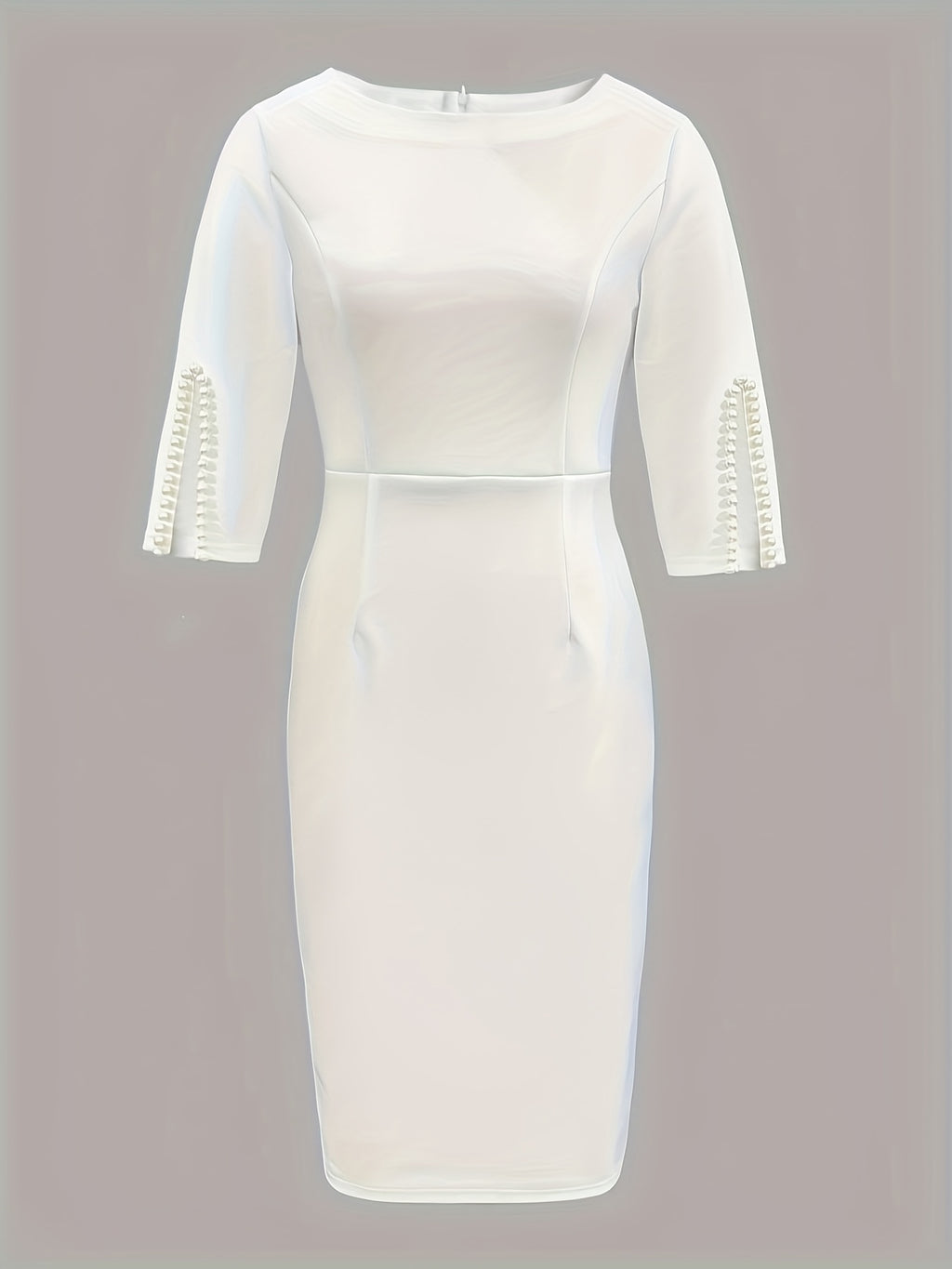 Elegant White Faux Pearl-Embellished Round Neck Dress - Slim Fit, Half Sleeve, Mid-Length Bodycon Midi Dress for Women, Perfect for All Seasons, Formal Attire|Slim Fit Dress|Polyester Fabric