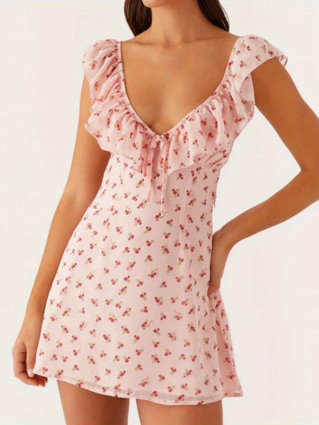 Women Mini Dress Sleeveless V Neck Backless Tie-up Floral\u002FDots Summer A-line Dress for Club Party