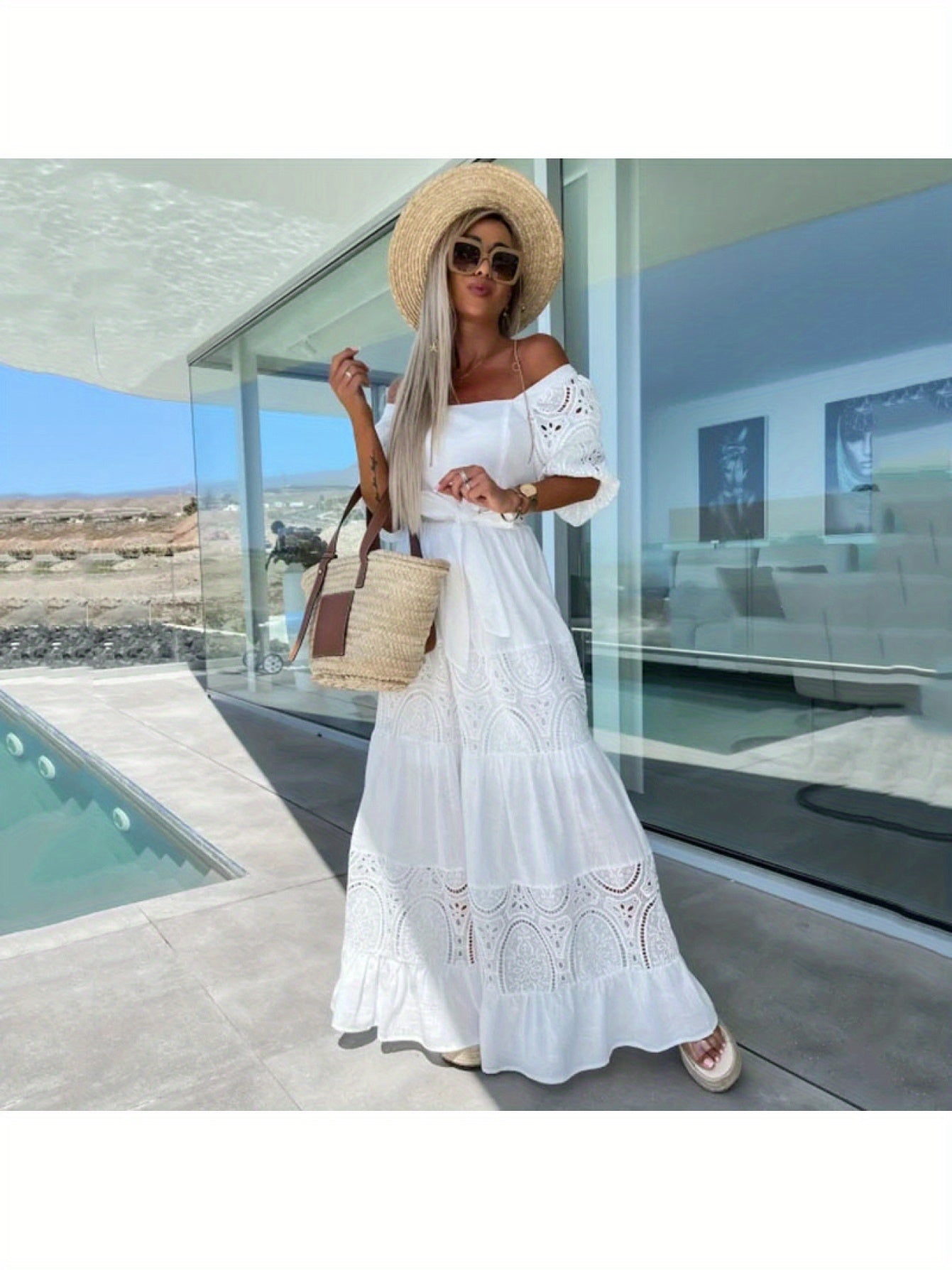 Women'S Off-Shoulder Lace Dress with Ruffled Hem - White Square Neck, Short Sleeve, Casual Loose Waist Tie Dress for Spring\u002FSummer, Perfect for Vacation or Beach Outings, Beach Dress