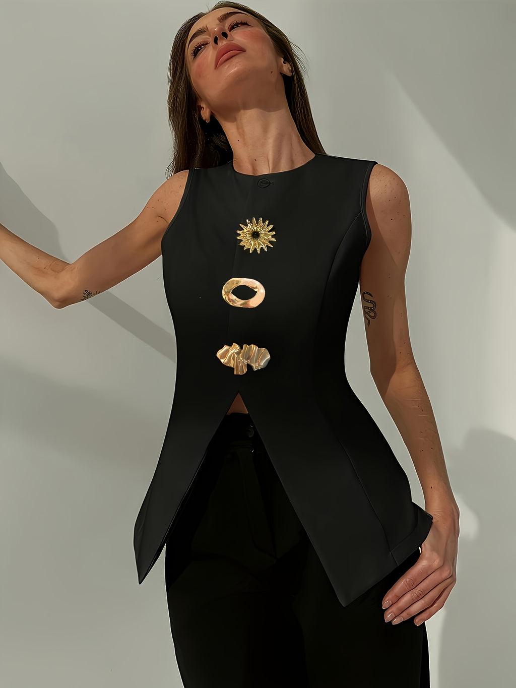 Elegant Women's Sleeveless Shirt - Slim Fit Round Neck with Golden Metal Eye Buttons, Black Solid Color, Machine Washable Spring\u002FSummer Office Top for Work & Casual Wear, Sophisticated Tailoring