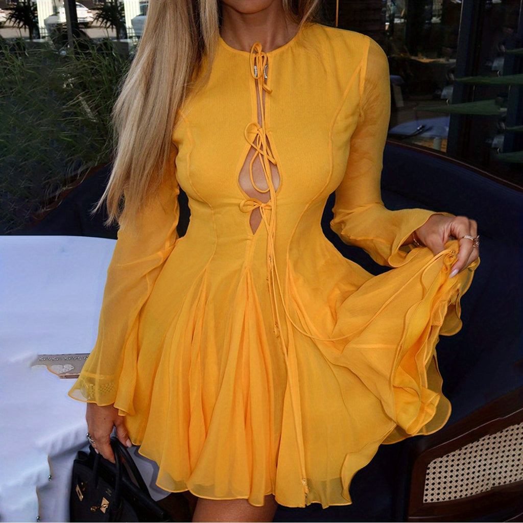 Elegant Yellow Ruffle Dress for Women - V-Neck, Long Sleeves, Tiered Design with Tie Detail, Perfect for Summer and Fall, Casual to Formal Wear, Casual Summer Dress | Ruffle Hem Dress | Lace Detailing, Cute Dresses