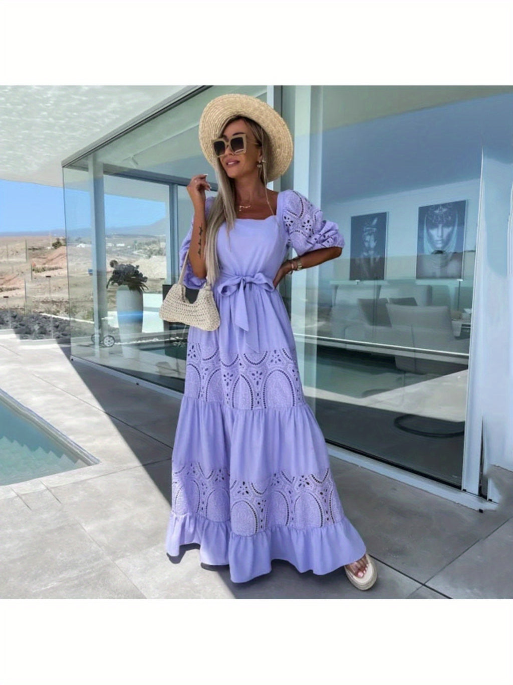 Women'S Off-Shoulder Lace Dress with Ruffled Hem - White Square Neck, Short Sleeve, Casual Loose Waist Tie Dress for Spring\u002FSummer, Perfect for Vacation or Beach Outings, Beach Dress