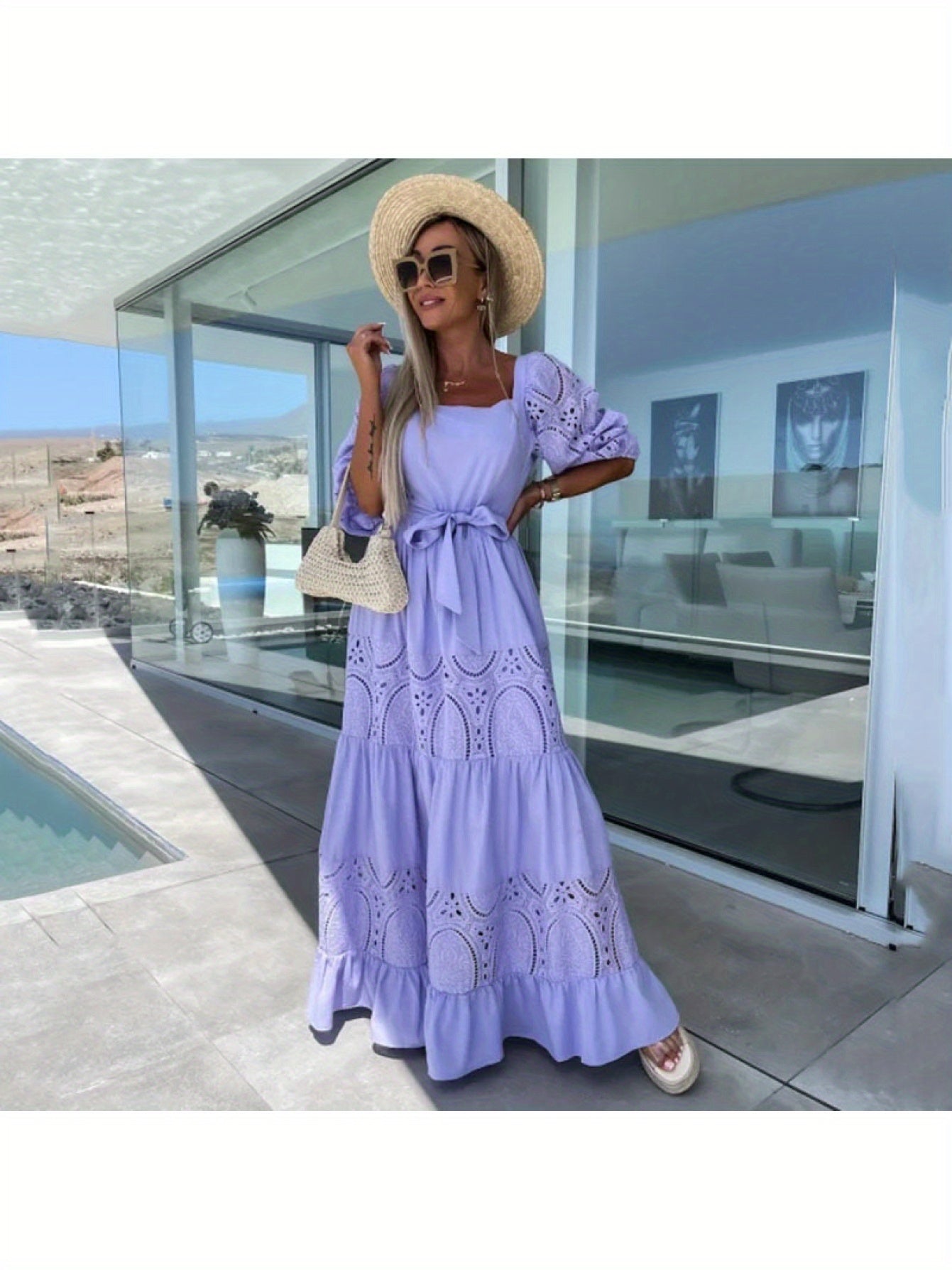 Women'S Off-Shoulder Lace Dress with Ruffled Hem - White Square Neck, Short Sleeve, Casual Loose Waist Tie Dress for Spring\u002FSummer, Perfect for Vacation or Beach Outings, Beach Dress