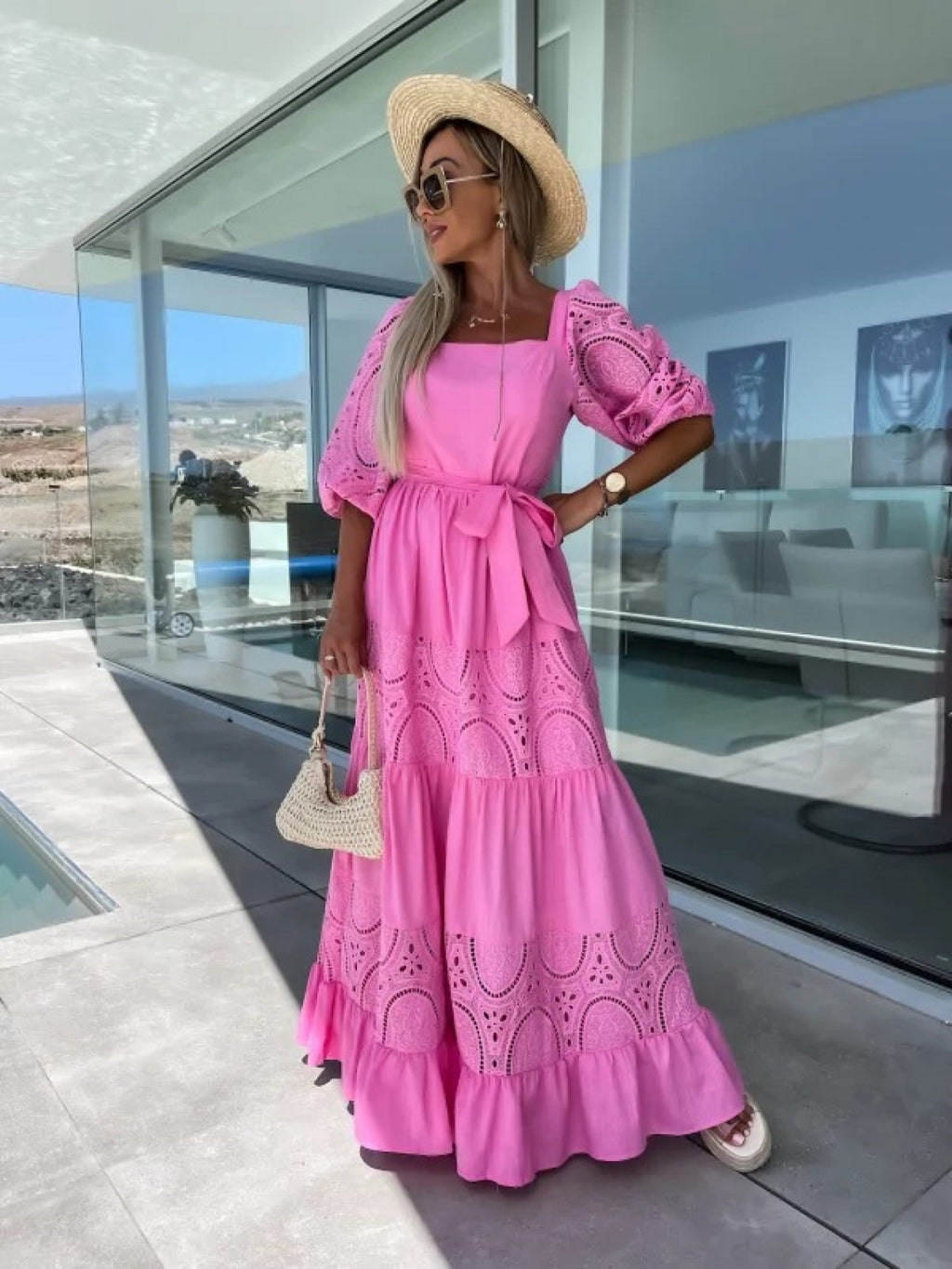 Women'S Off-Shoulder Lace Dress with Ruffled Hem - White Square Neck, Short Sleeve, Casual Loose Waist Tie Dress for Spring\u002FSummer, Perfect for Vacation or Beach Outings, Beach Dress