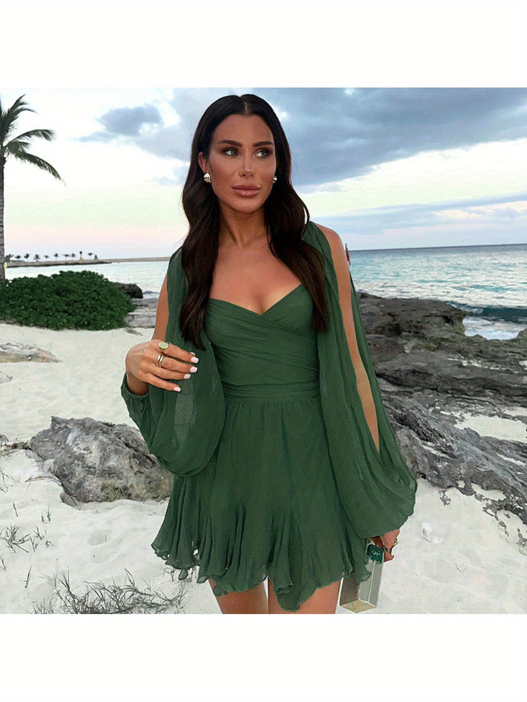 New Summer Solid Color Casual Mesh Long Sleeve Backless Fitted Short Dress