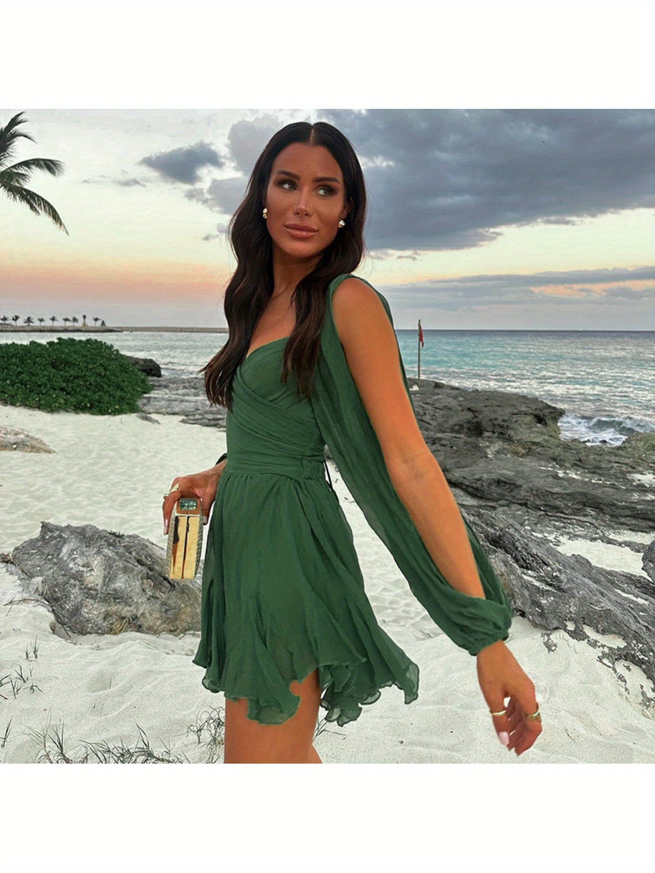 New Summer Solid Color Casual Mesh Long Sleeve Backless Fitted Short Dress