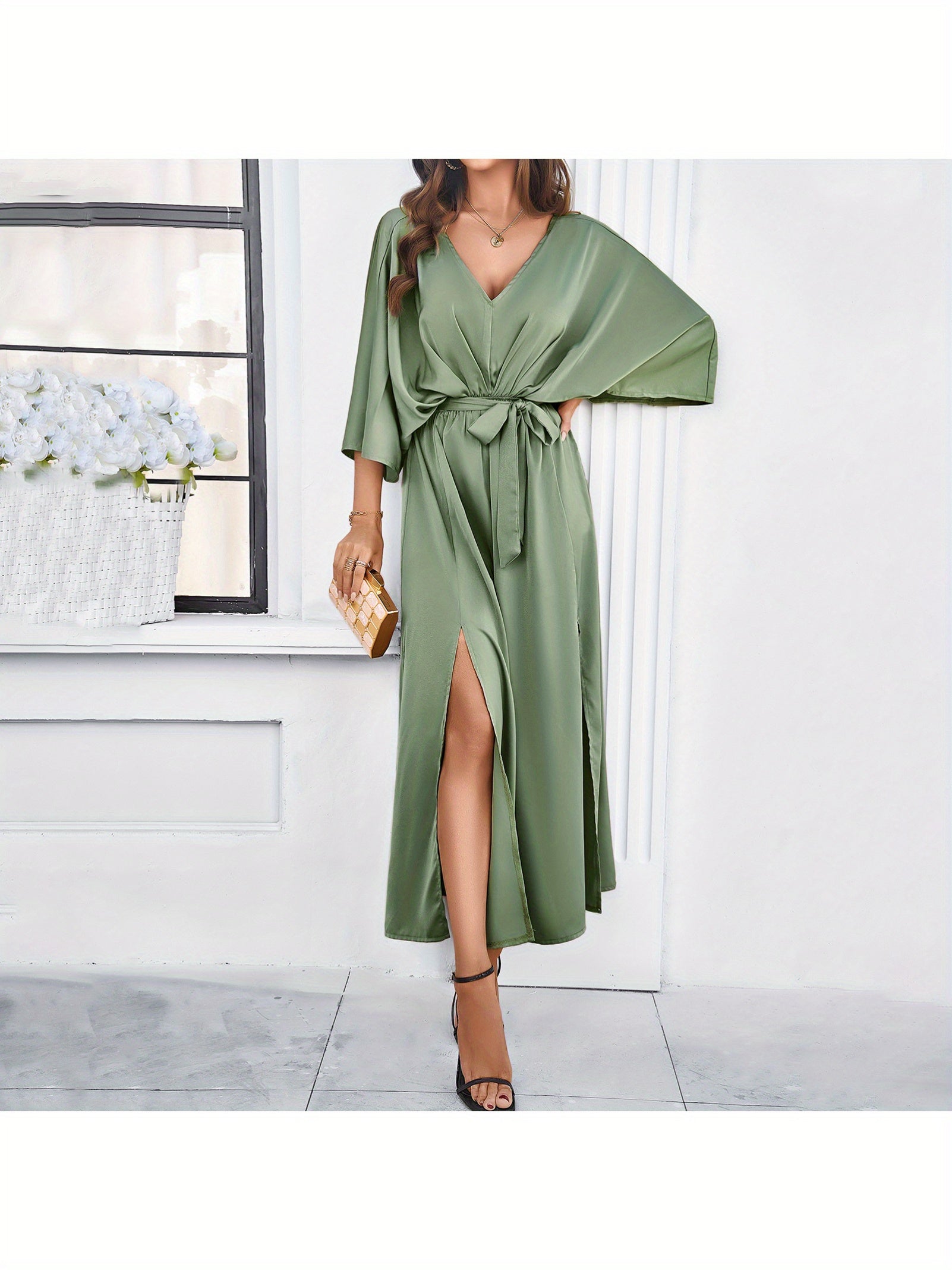 Summer European and American Women's clothing, 2025 spring and summer temperament elegant high-waisted dress, low neckline loose simple long dress