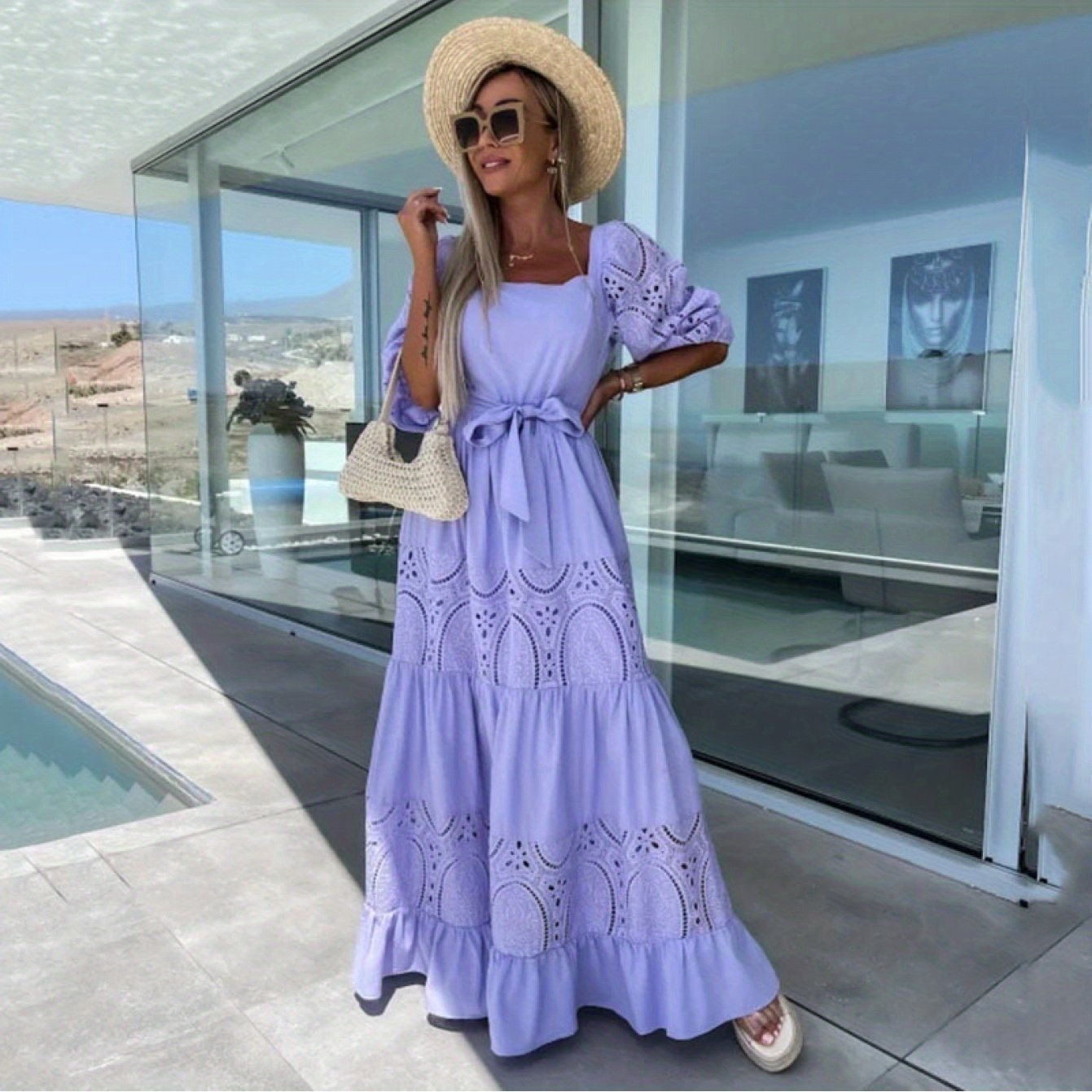 Women'S Off-Shoulder Lace Dress with Ruffled Hem - White Square Neck, Short Sleeve, Casual Loose Waist Tie Dress for Spring\u002FSummer, Perfect for Vacation or Beach Outings, Beach Dress