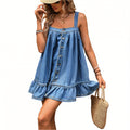 Women'S Summer Denim Dress with V-Neck, Short Sleeves, and Ruffled Hem - Casual A-Line Midi Dress for Casual Attire, Casual Summer Dress | Vneck Dress | Texture