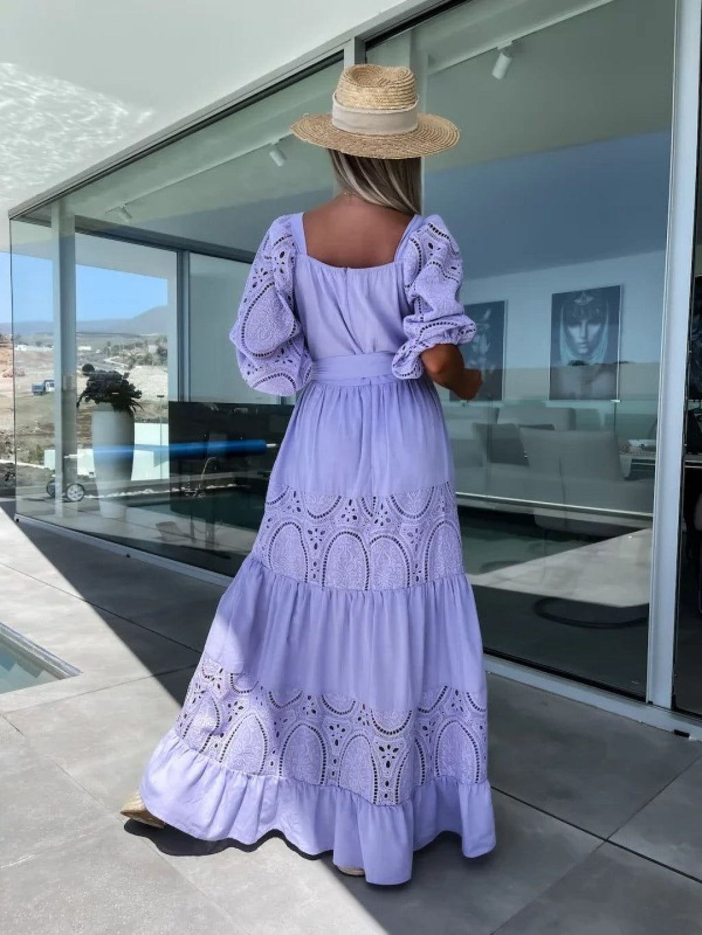 Women'S Off-Shoulder Lace Dress with Ruffled Hem - White Square Neck, Short Sleeve, Casual Loose Waist Tie Dress for Spring\u002FSummer, Perfect for Vacation or Beach Outings, Beach Dress