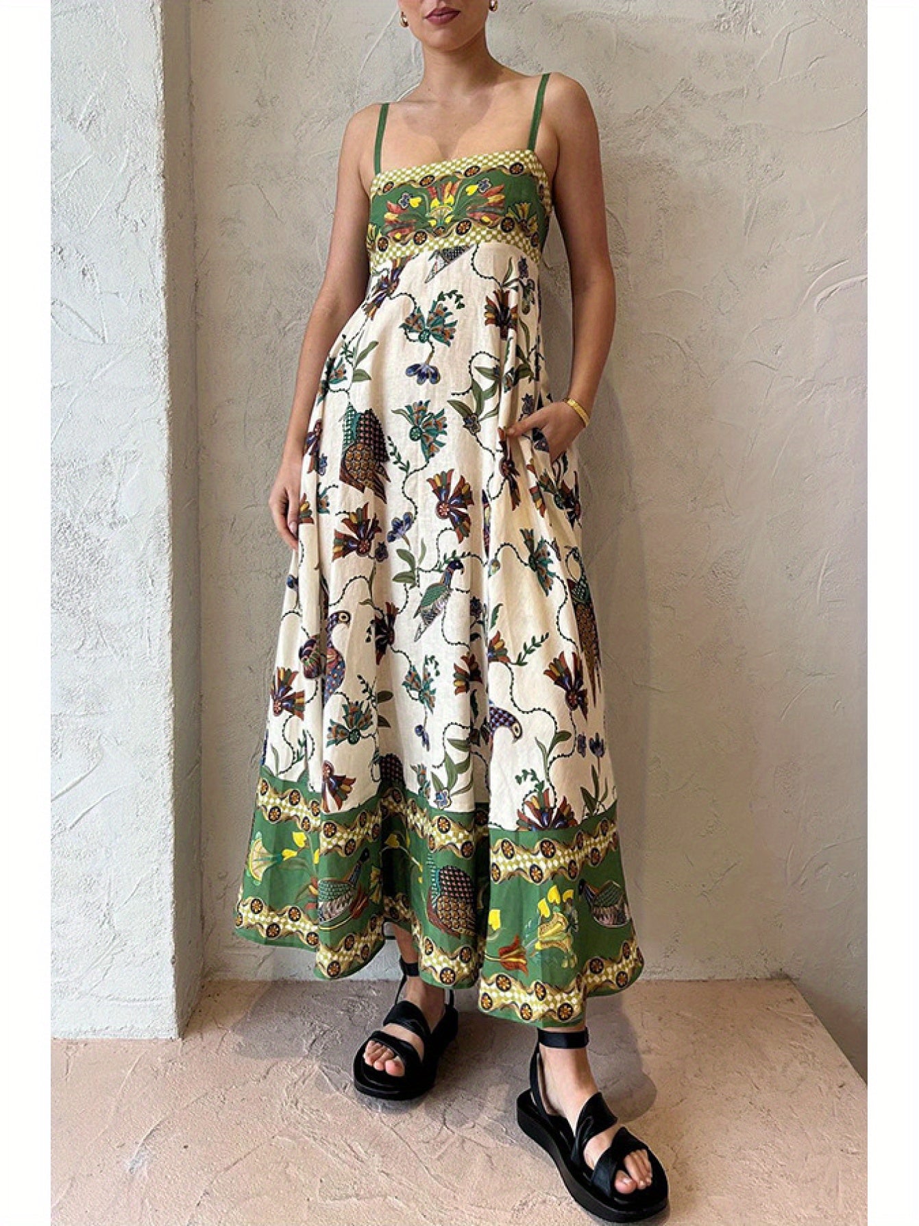 Women's Sleeveless Maxi dress - Tropical print Beach Vacation Dress, Flared Hem for Summer Parties, Casual Outfits - Non-Stretchy Formality, Beach to Dinner Party Attire