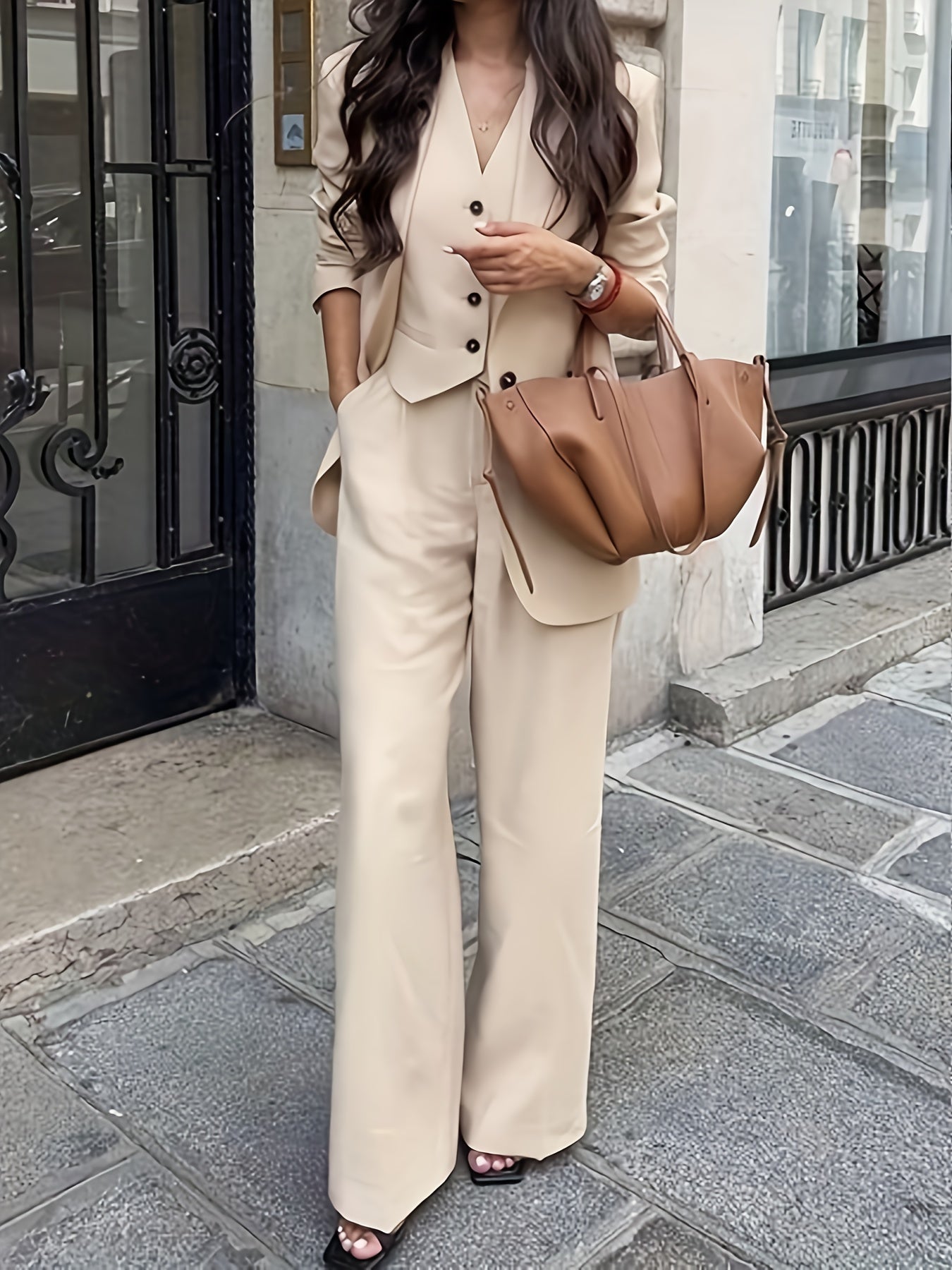 3pcs Elegant Women's Set, Front Button Long Sleeve Blazer and Casual Pants Outfit