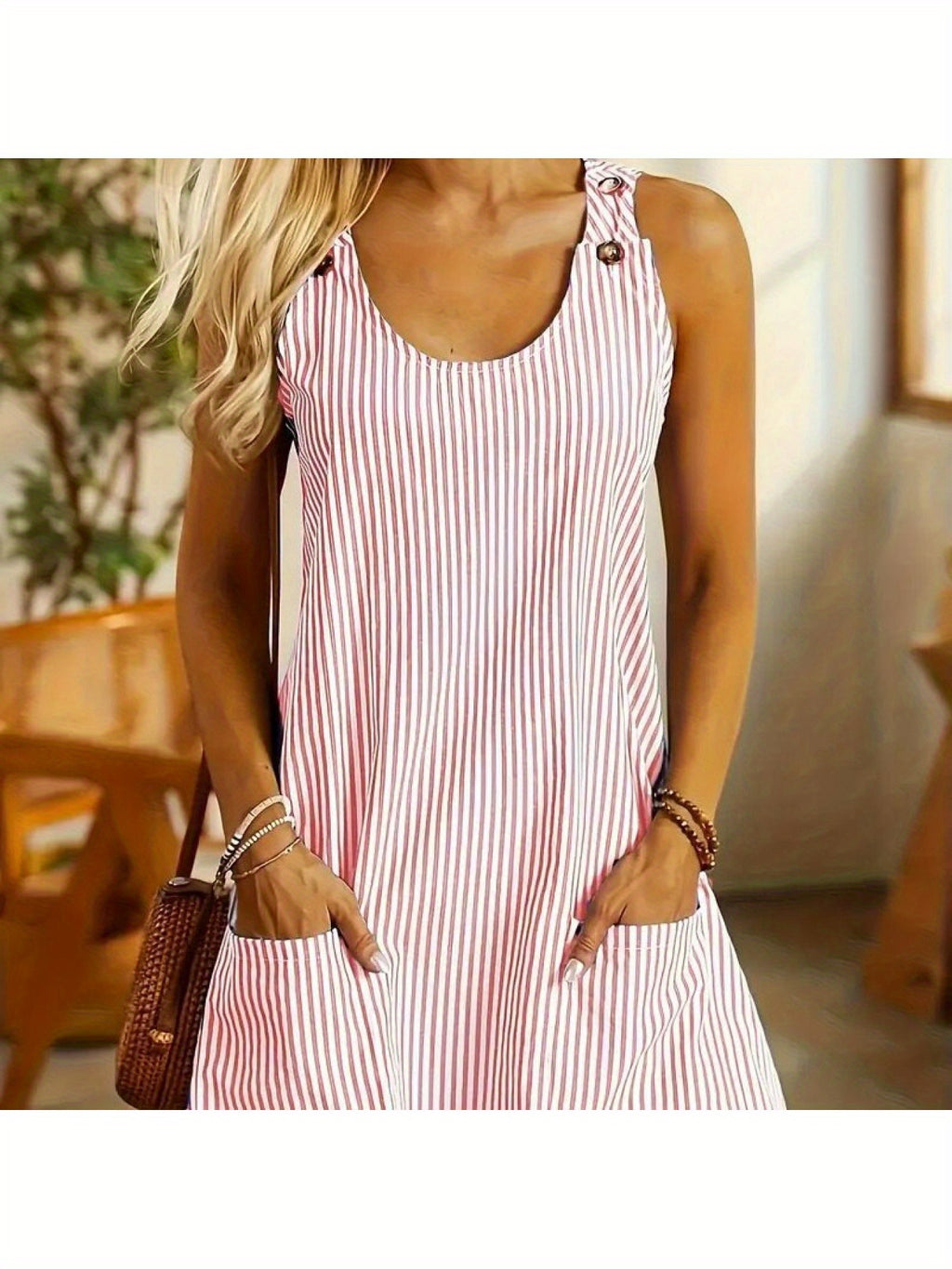 Women's European-American Style Casual dress - Button-Front Sleeveless Midi skirt, Beige & Brown Vertical Stripes, Non-Stretchy fabric for Everyday & Formal Events - Machine Washable Women's Outfit, Summer Fashion, Round Neck Design