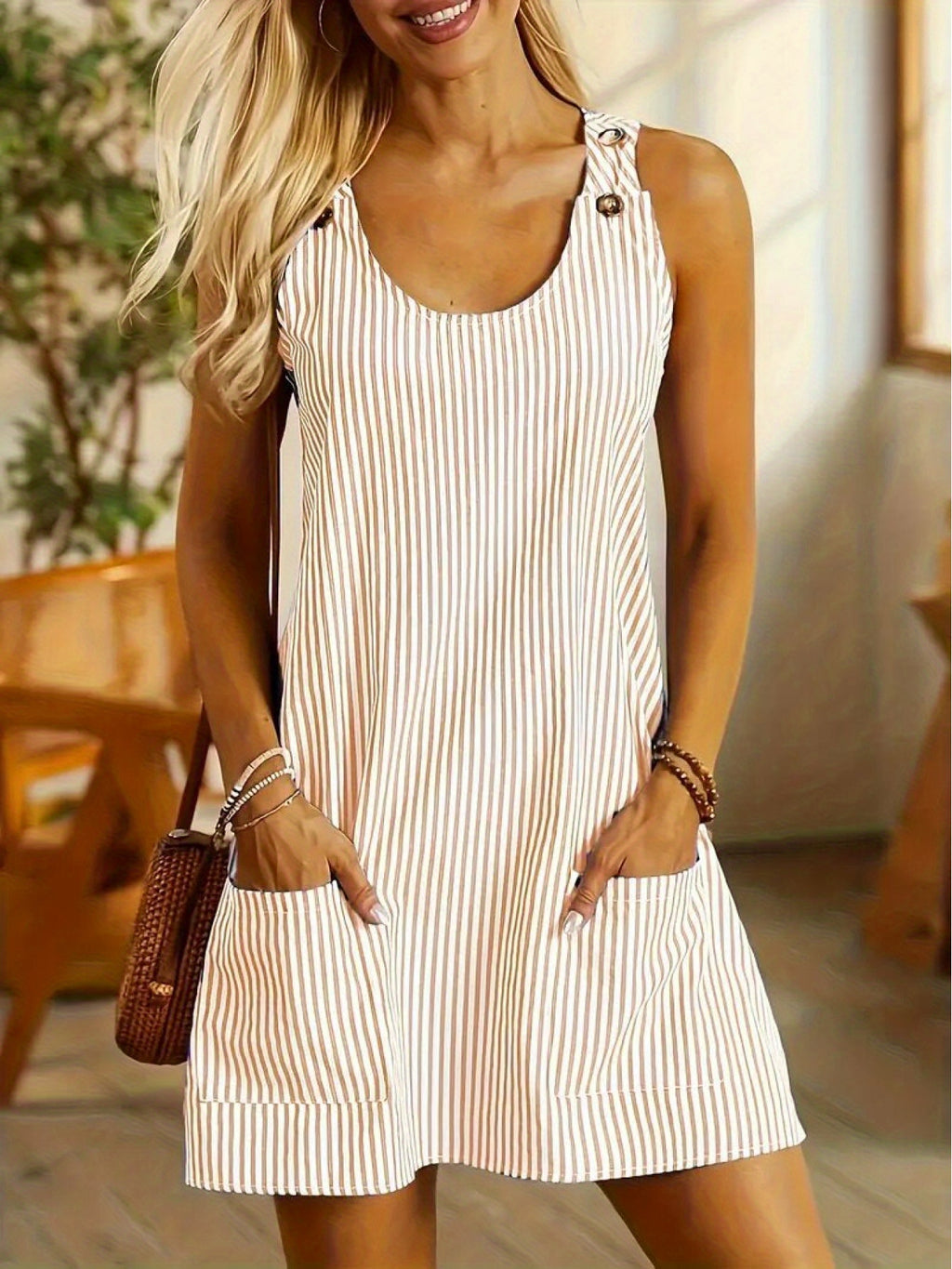 Women's European-American Style Casual dress - Button-Front Sleeveless Midi skirt, Beige & Brown Vertical Stripes, Non-Stretchy fabric for Everyday & Formal Events - Machine Washable Women's Outfit, Summer Fashion, Round Neck Design