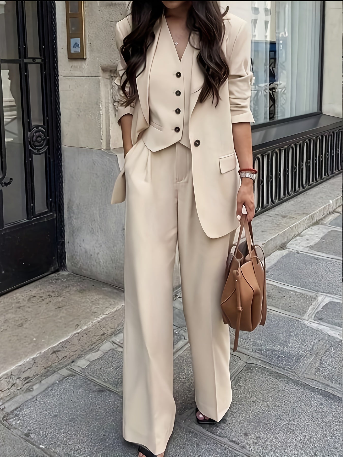 3pcs Elegant Women's Set, Front Button Long Sleeve Blazer and Casual Pants Outfit