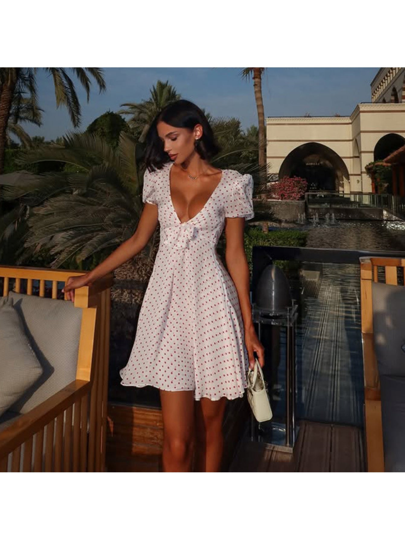 Fashion Women'S Sexy Deep V French Puff Sleeve Pure Desire High Waist A-Line Polka Dot Print Dress Short Skirt for Women