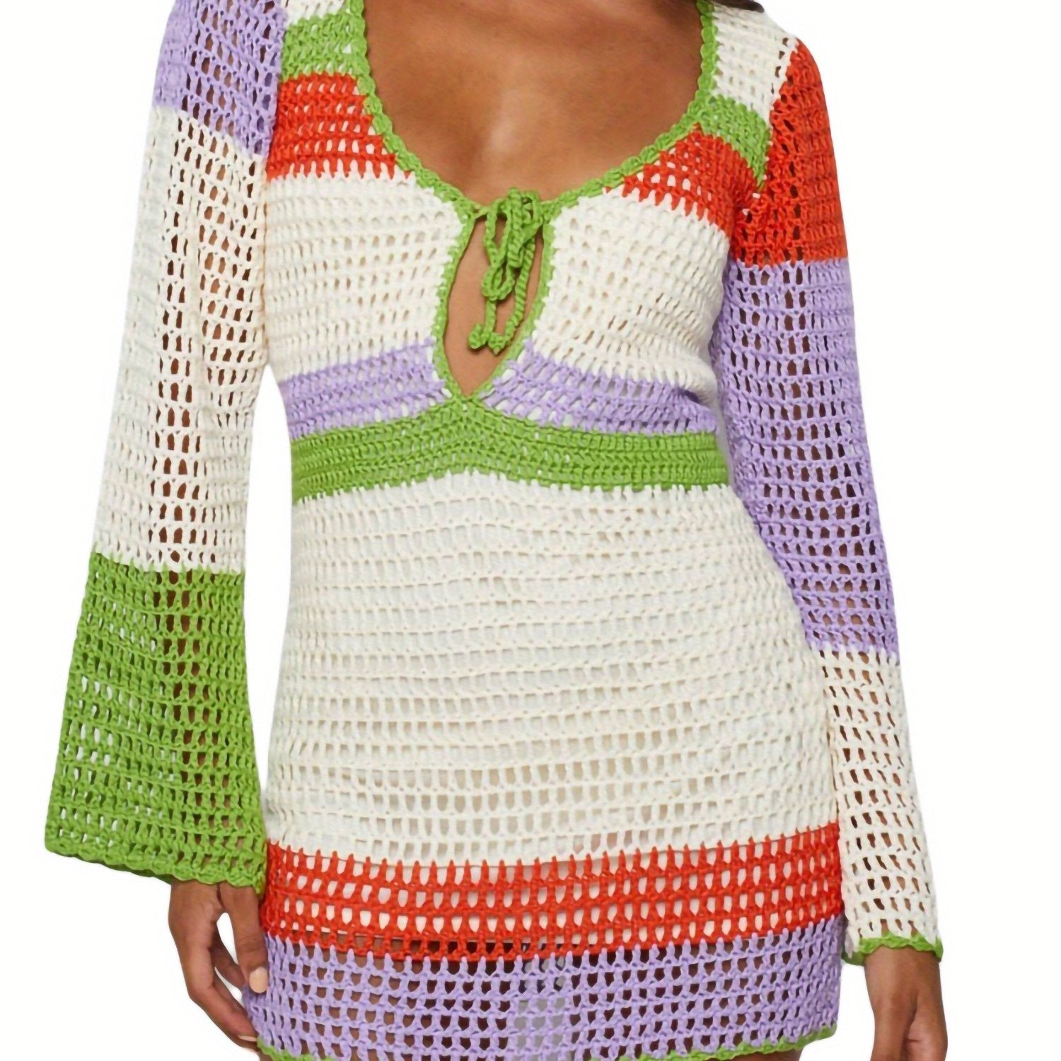 Women Cover Up Dress, Long Sleeve Deep Neck Patch Color Beach Sunscreen Cutout Midi Smock