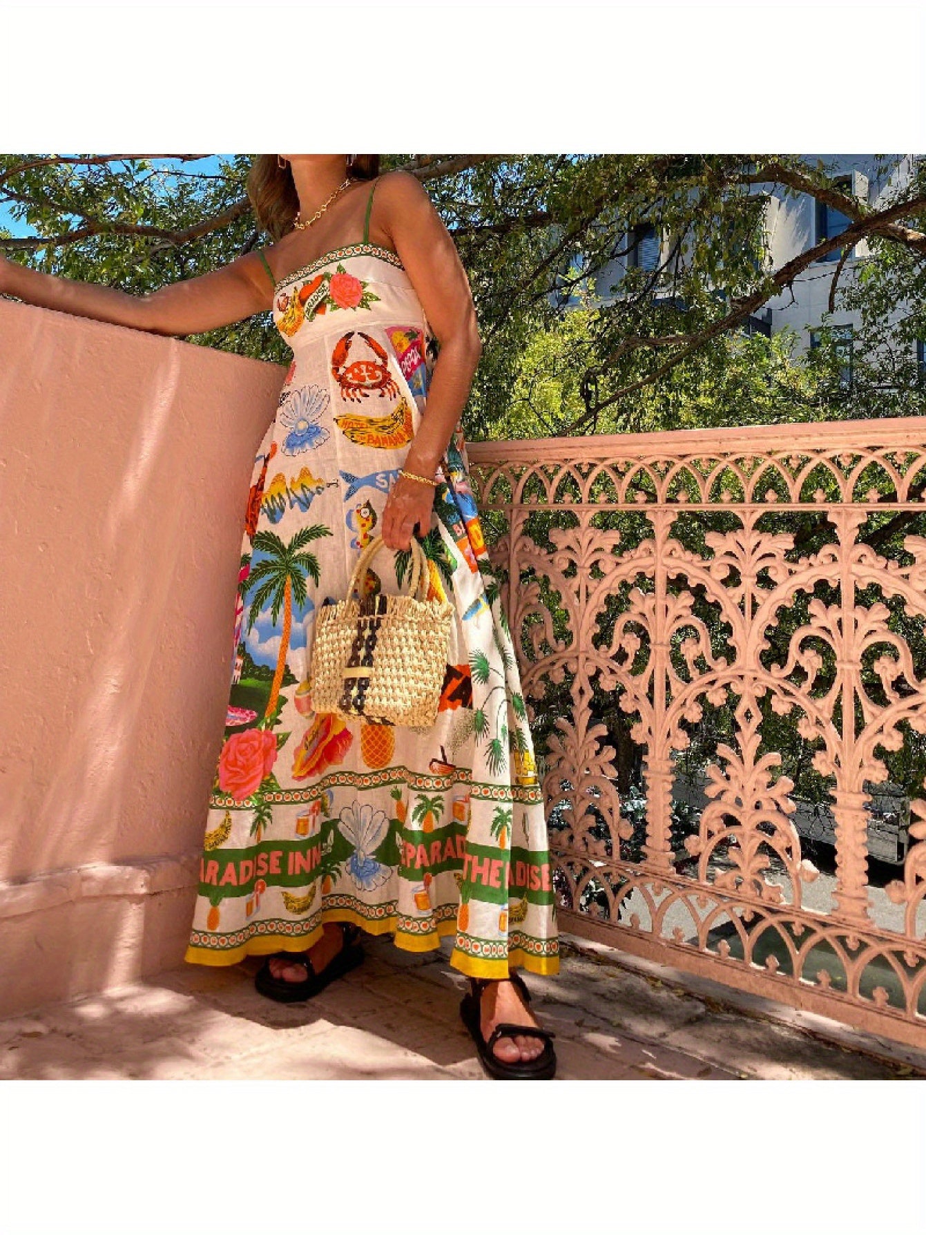 Women's Sleeveless Maxi dress - Tropical print Beach Vacation Dress, Flared Hem for Summer Parties, Casual Outfits - Non-Stretchy Formality, Beach to Dinner Party Attire