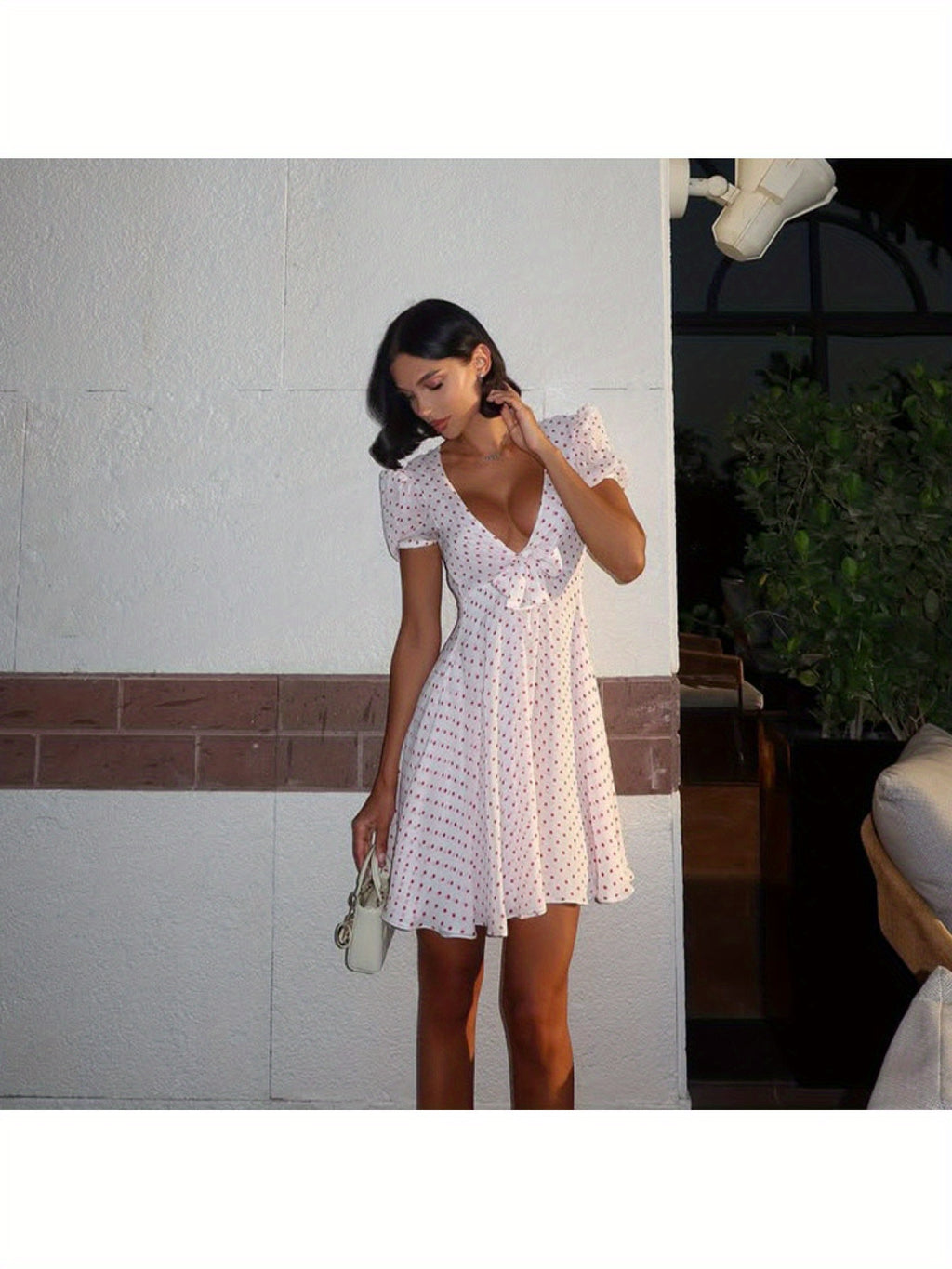 Fashion Women'S Sexy Deep V French Puff Sleeve Pure Desire High Waist A-Line Polka Dot Print Dress Short Skirt for Women