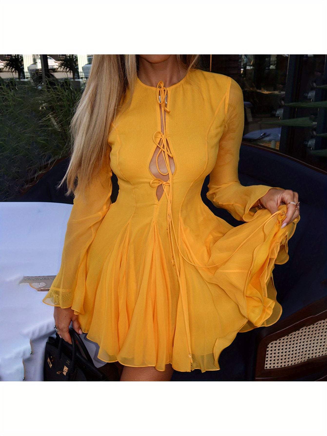 Elegant Yellow Ruffle Dress for Women - V-Neck, Long Sleeves, Tiered Design with Tie Detail, Perfect for Summer and Fall, Casual to Formal Wear, Casual Summer Dress | Ruffle Hem Dress | Lace Detailing, Cute Dresses
