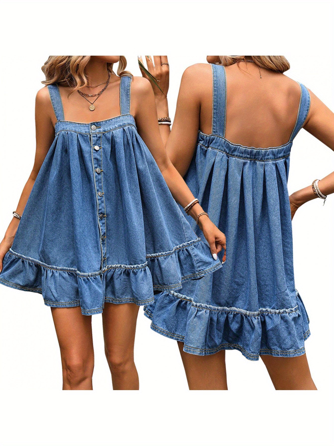 Women'S Summer Denim Dress with V-Neck, Short Sleeves, and Ruffled Hem - Casual A-Line Midi Dress for Casual Attire, Casual Summer Dress | Vneck Dress | Texture