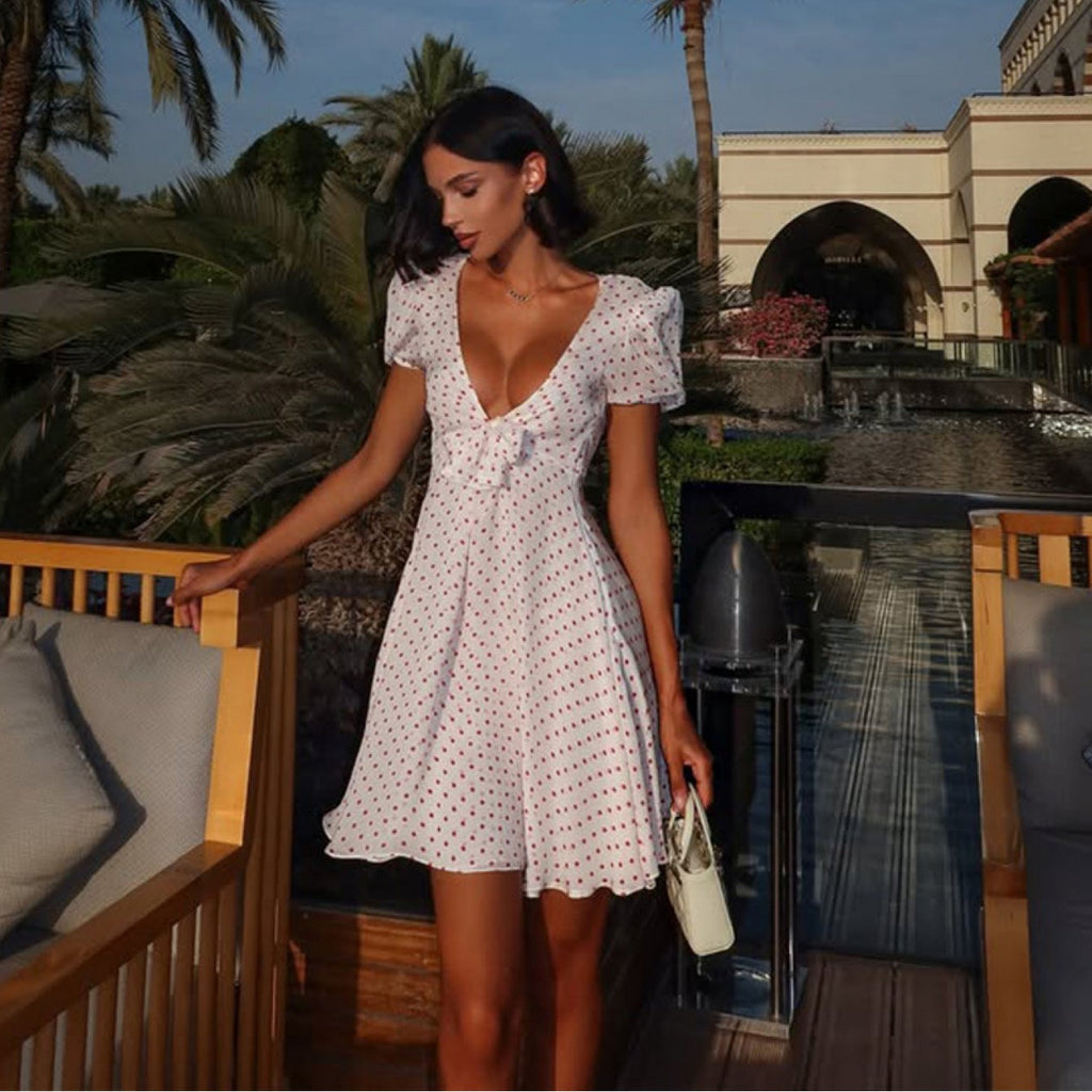 Fashion Women'S Sexy Deep V French Puff Sleeve Pure Desire High Waist A-Line Polka Dot Print Dress Short Skirt for Women